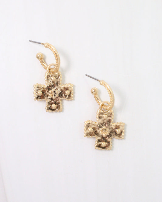 Carol Cross Dangle Hoop Worn Gold