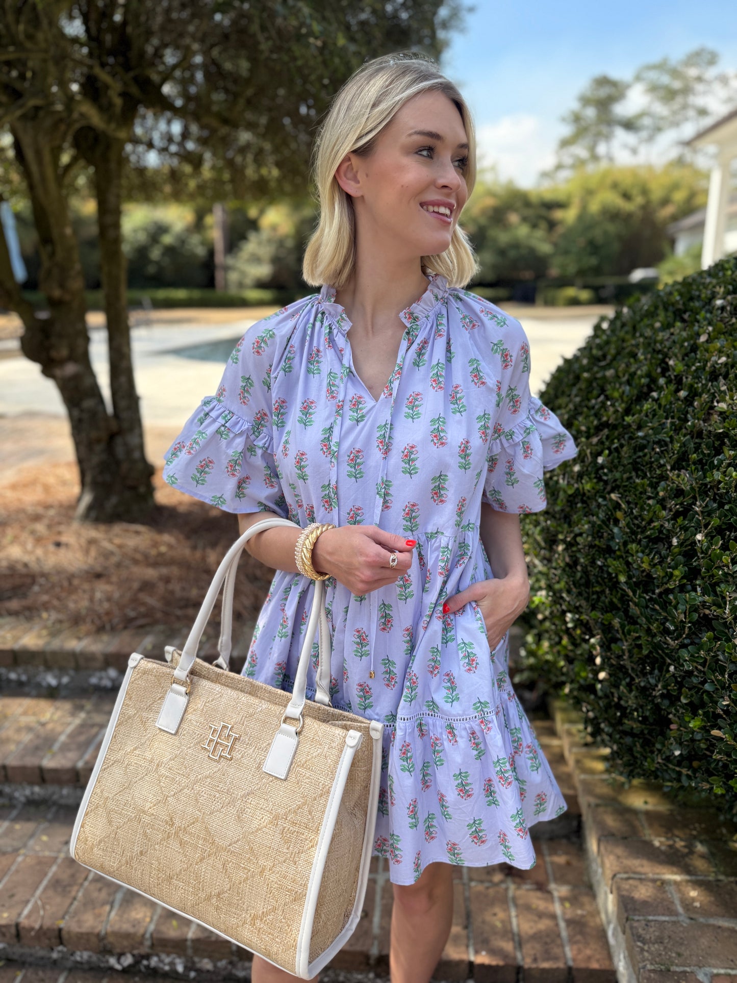 June Lavender Floral Print Short Sleeve Dress