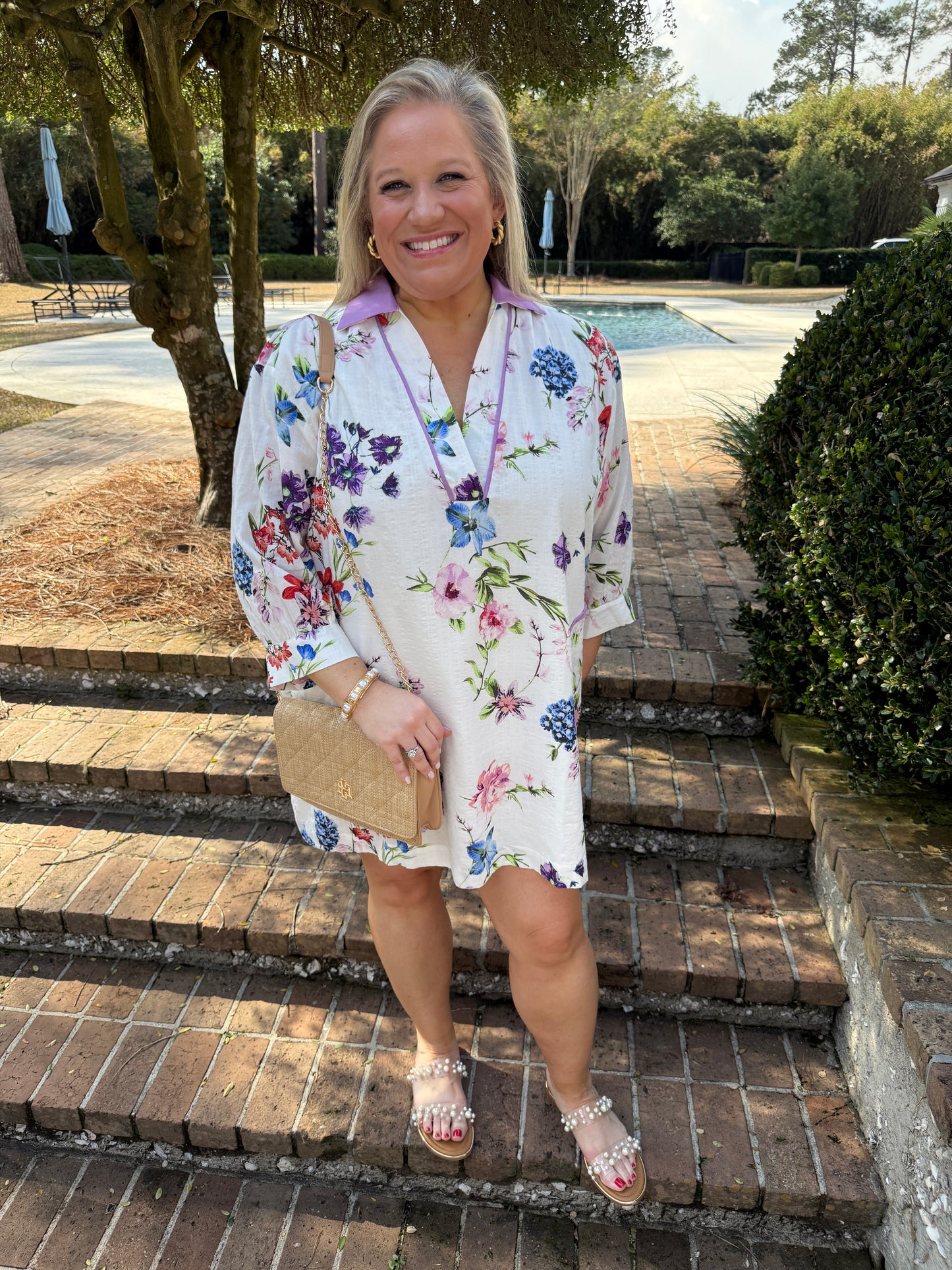 White Floral Print Long Sleeve Dress