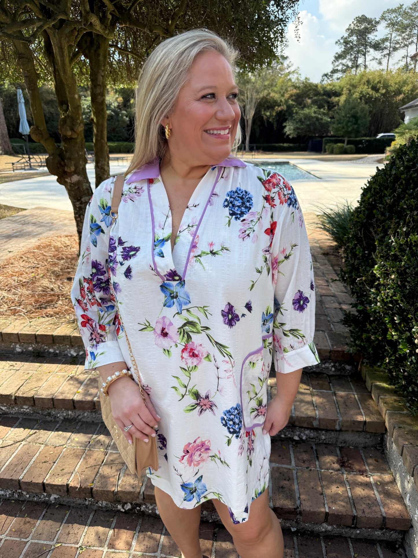 White Floral Print Long Sleeve Dress