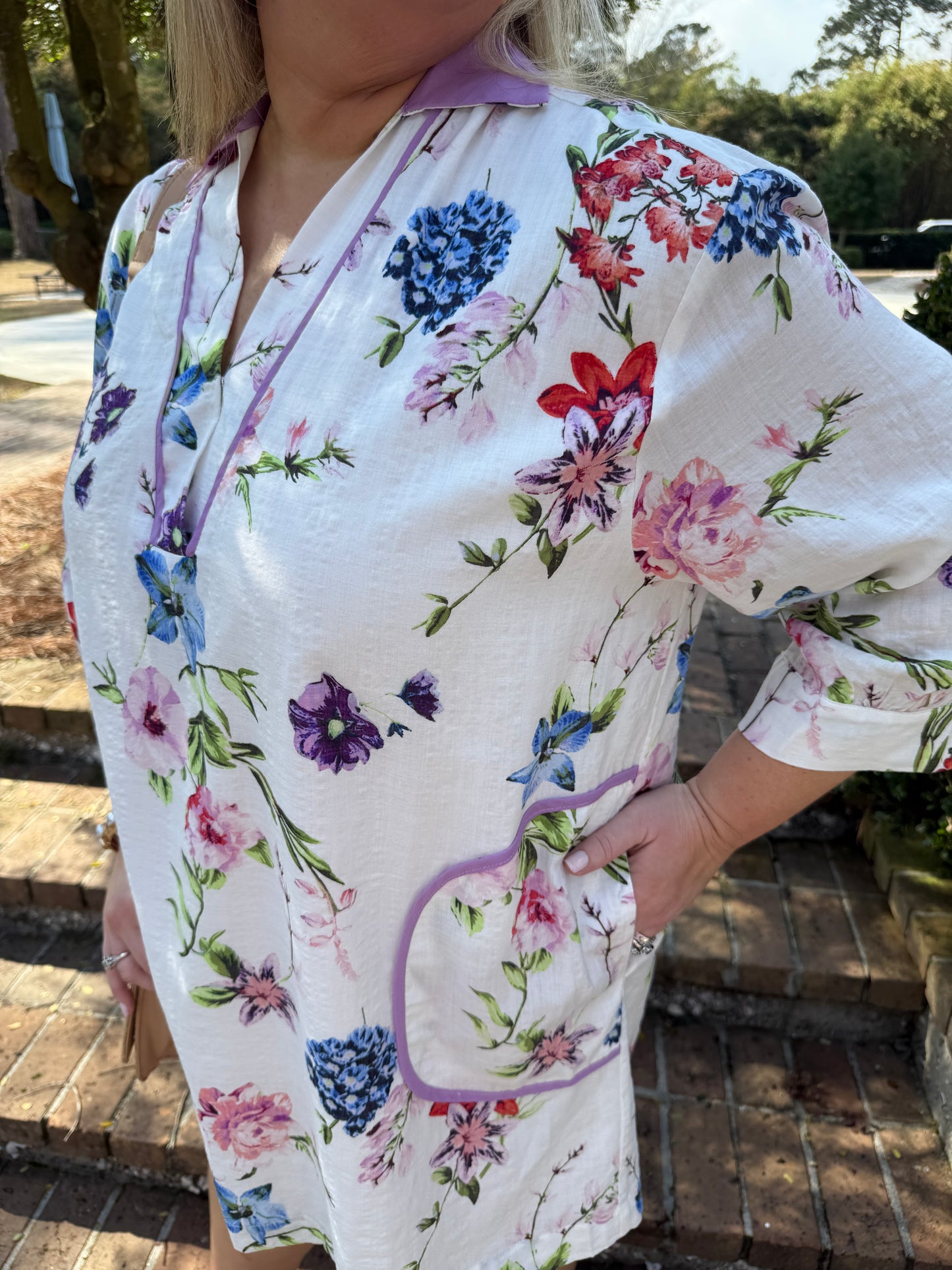 White Floral Print Long Sleeve Dress