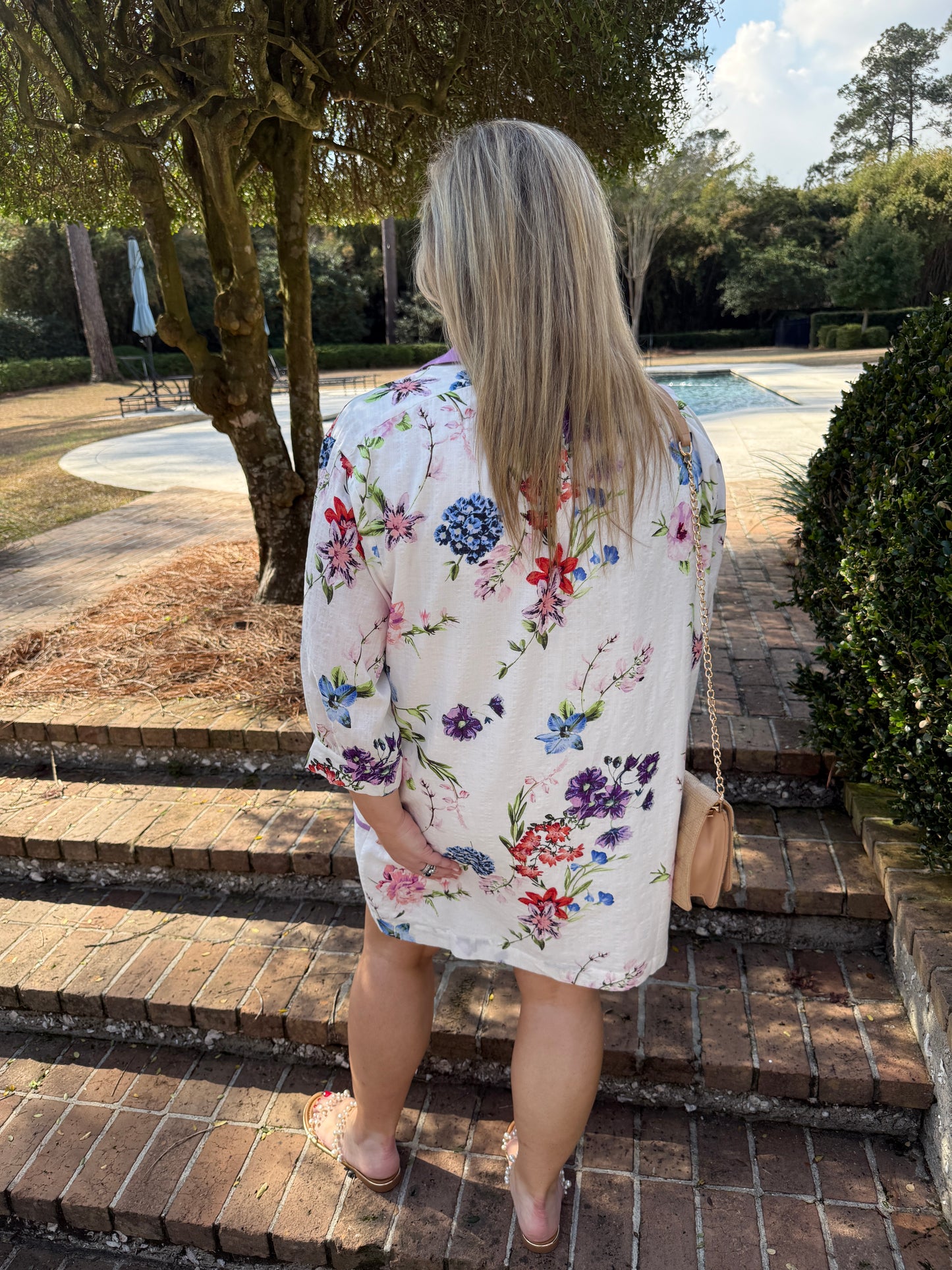 White Floral Print Long Sleeve Dress