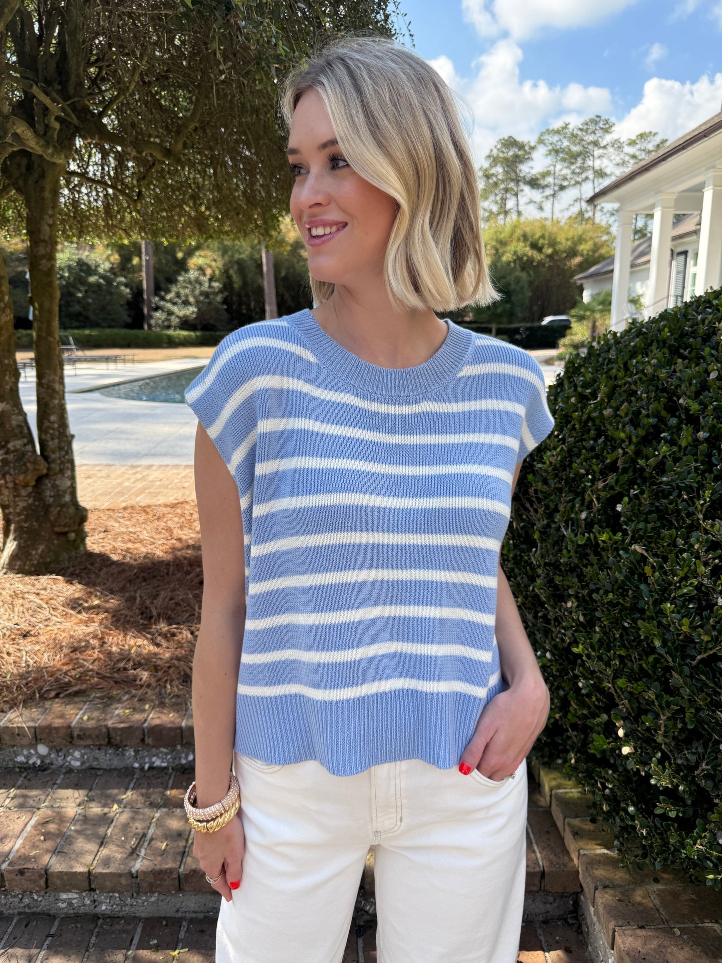 Out For The Day Light Blue Stripe Knit Top