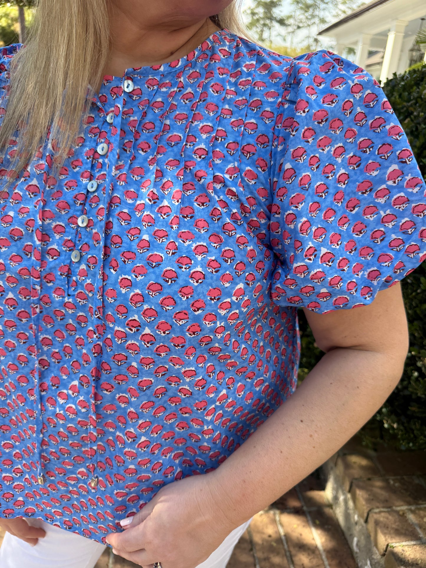 Melody Blue Floral Print Short Puff Sleeve Top