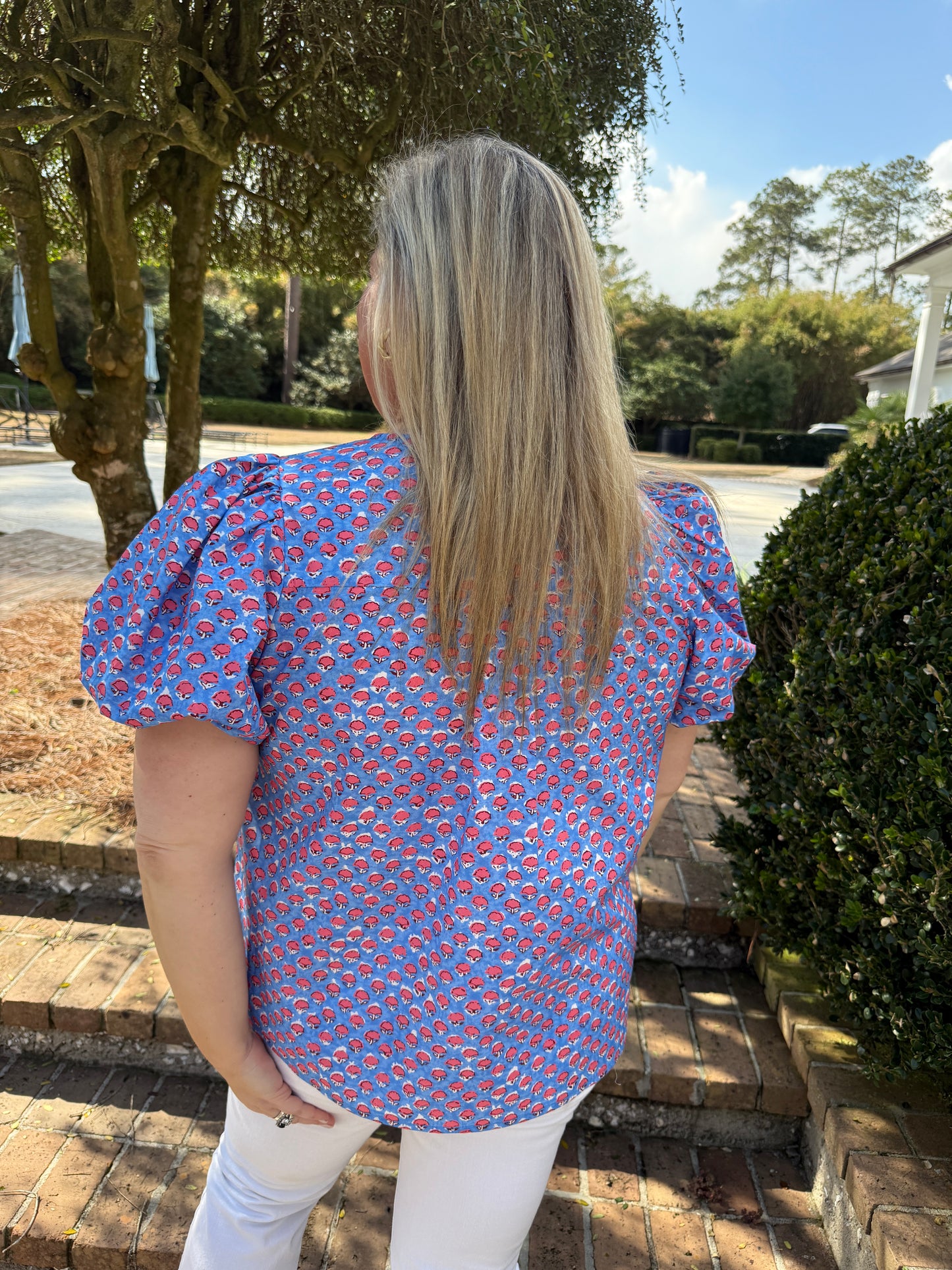 Melody Blue Floral Print Short Puff Sleeve Top