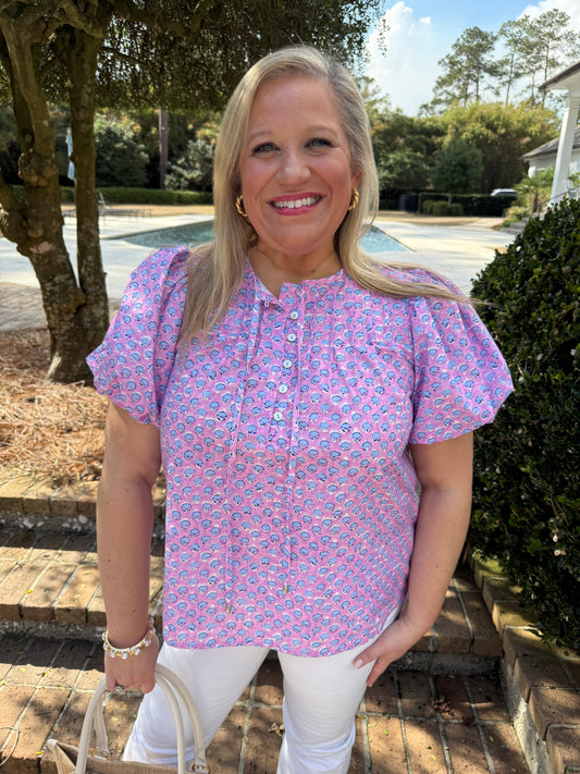 Melody Lavender Floral Print Short Puff Sleeve Top