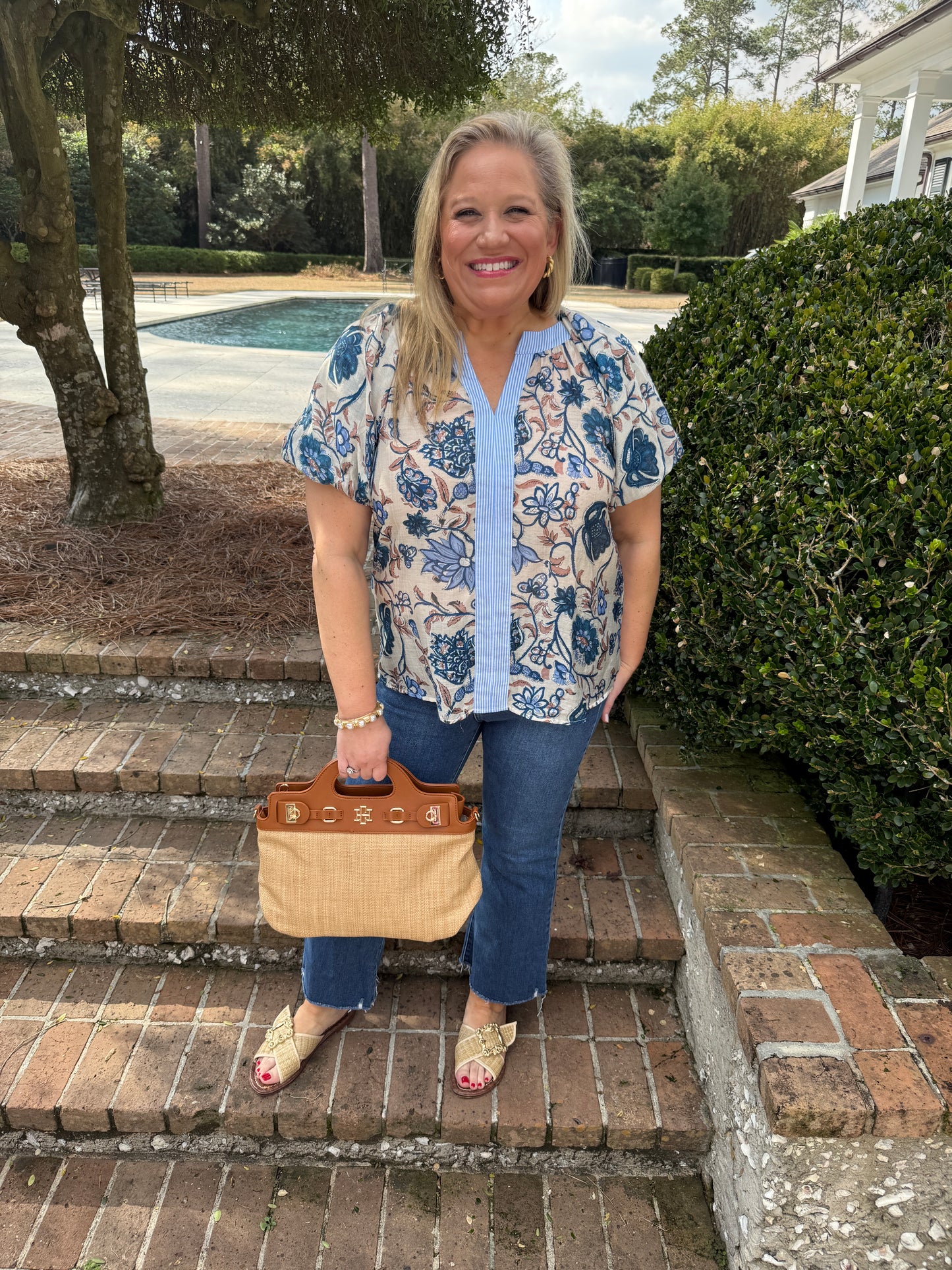 Fun Time Blue Floral Print Short Sleeve Top