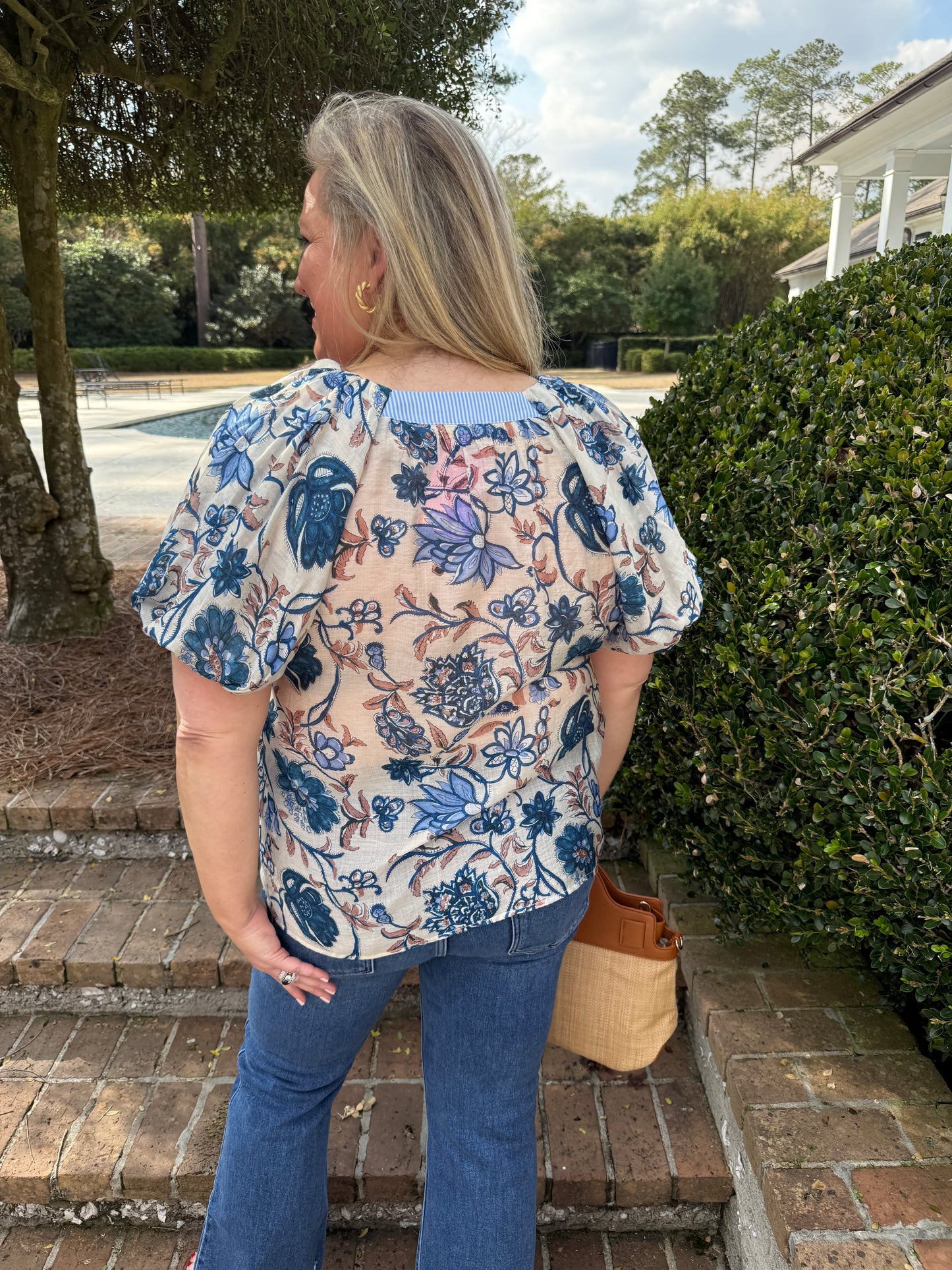 Fun Time Blue Floral Print Short Sleeve Top