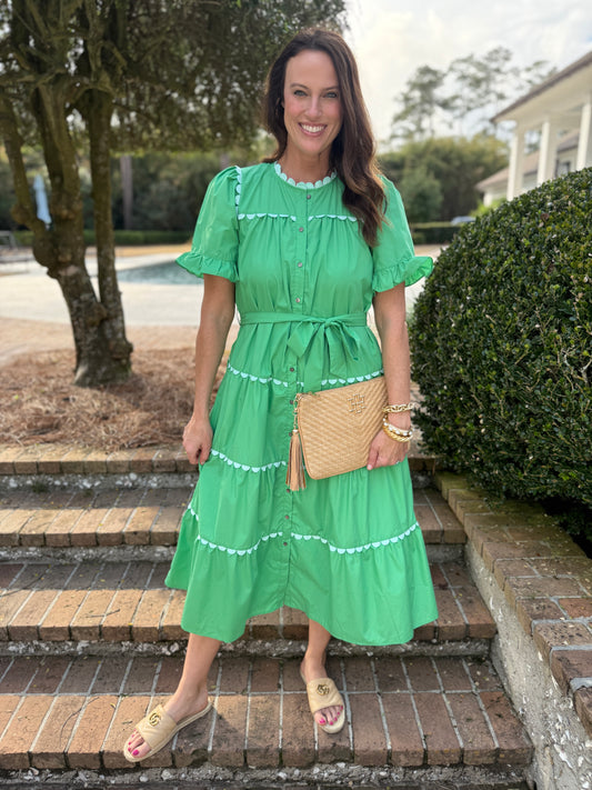 Wandered Off Green Scallop Midi Dress