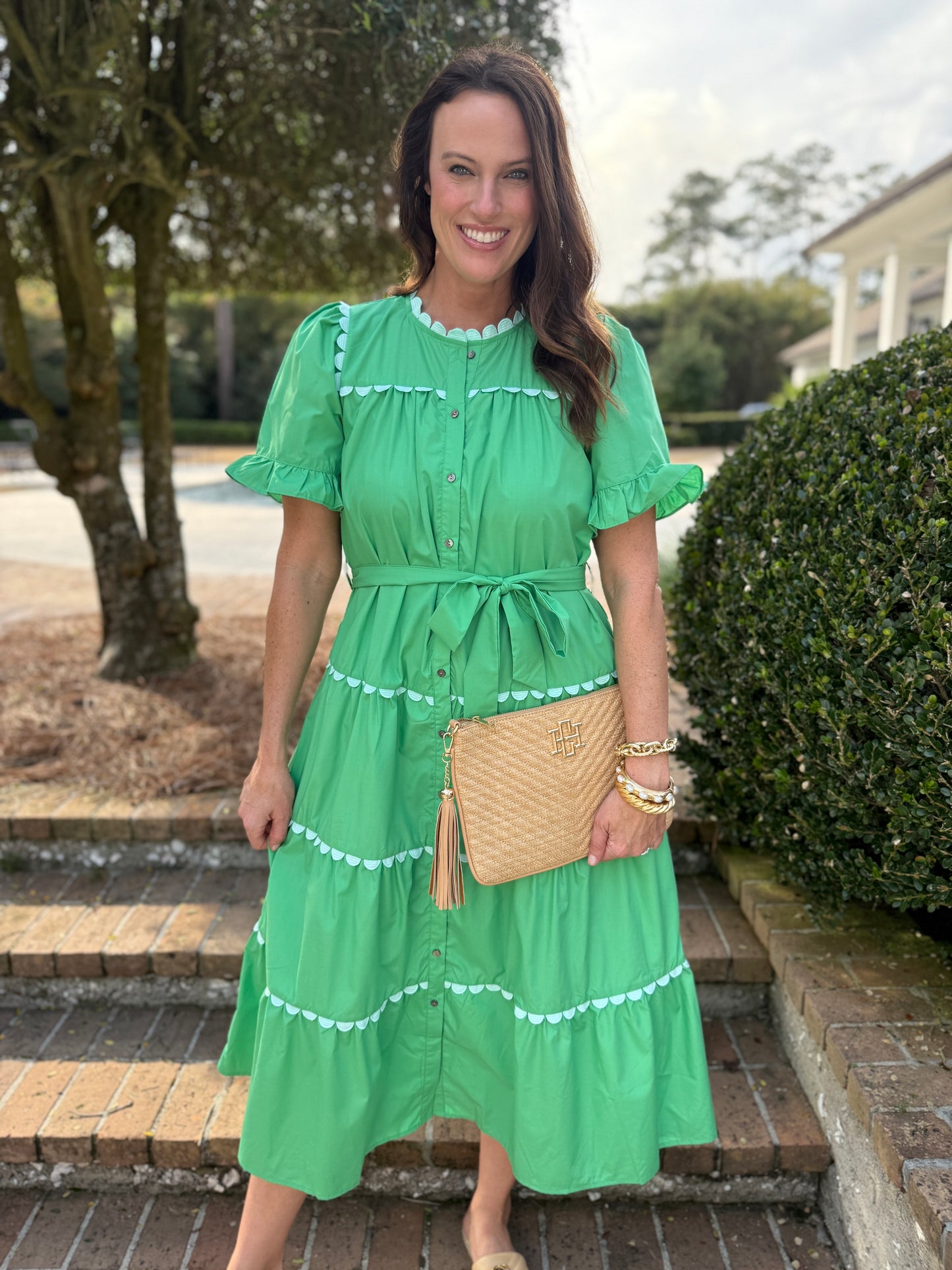 Wandered Off Green Scallop Midi Dress