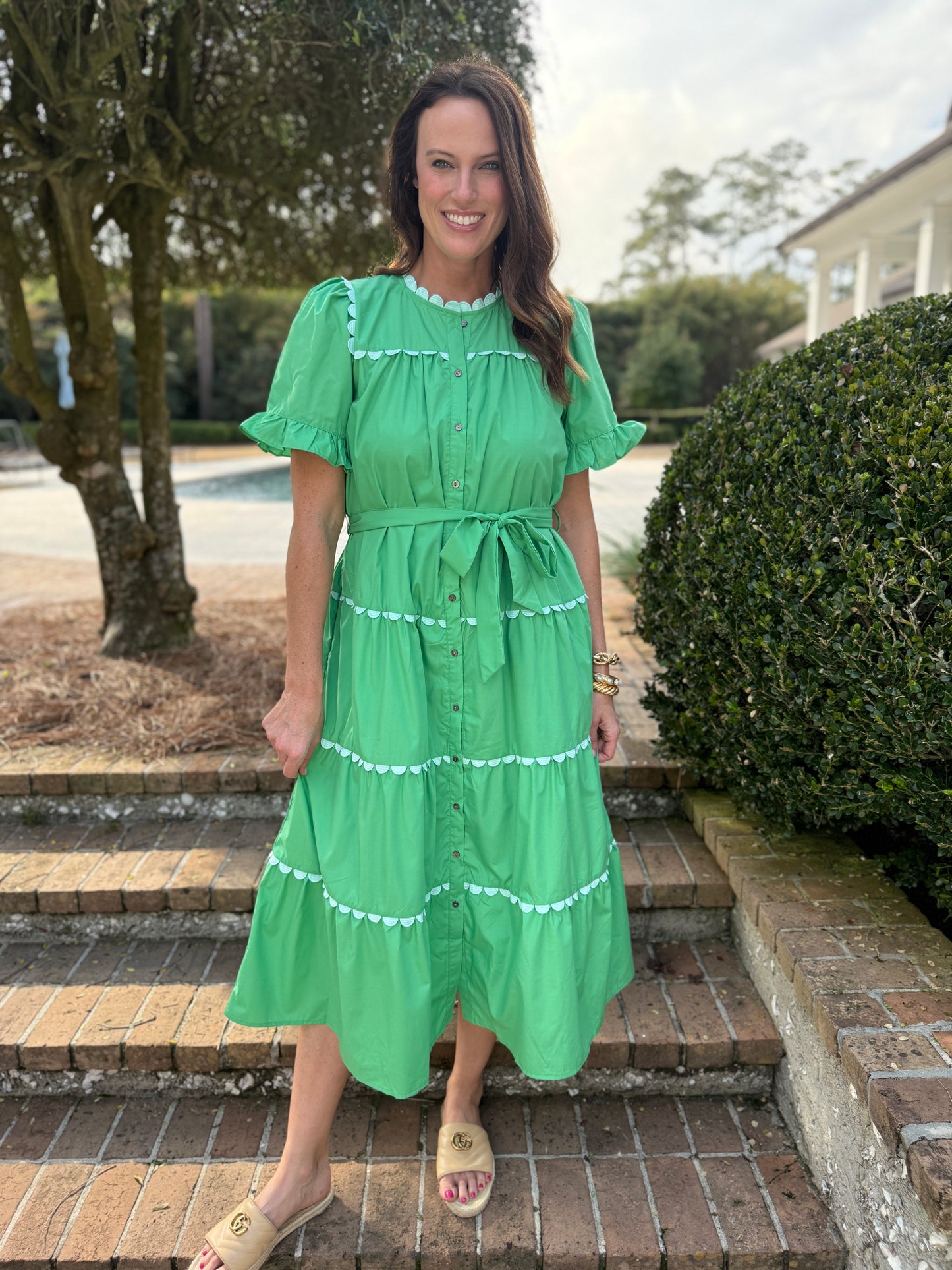 Wandered Off Green Scallop Midi Dress