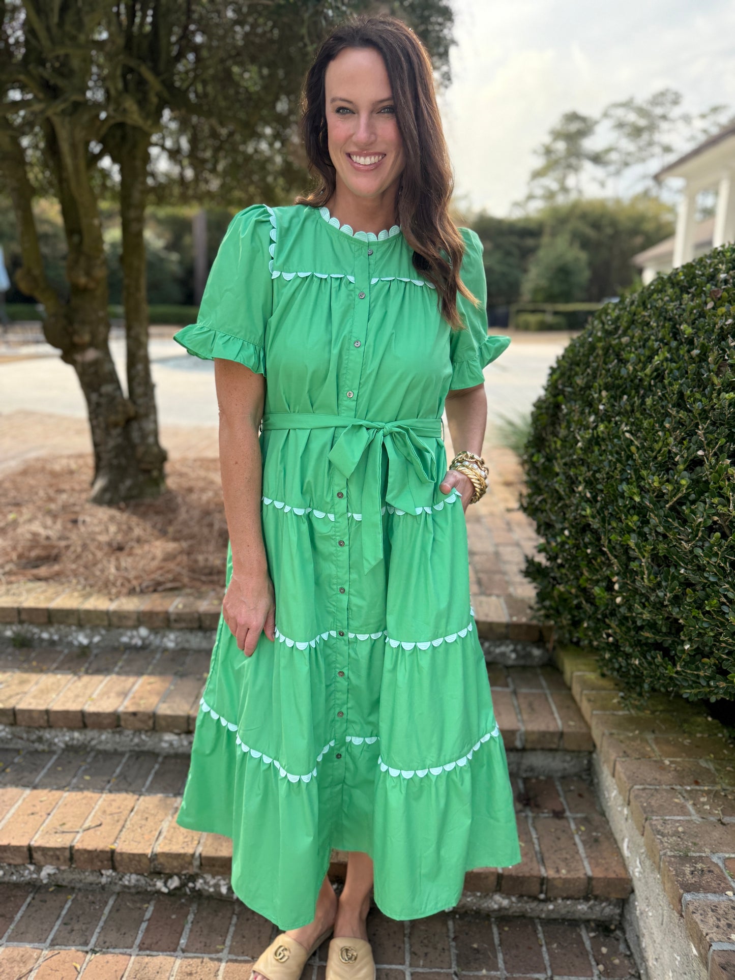 Wandered Off Green Scallop Midi Dress