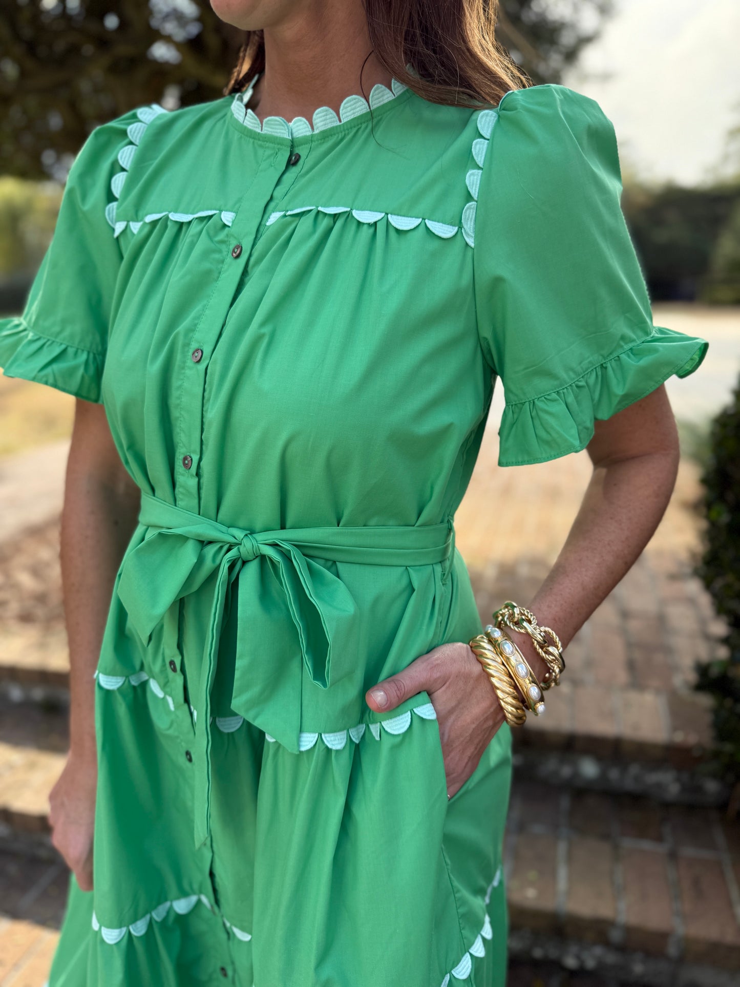 Wandered Off Green Scallop Midi Dress