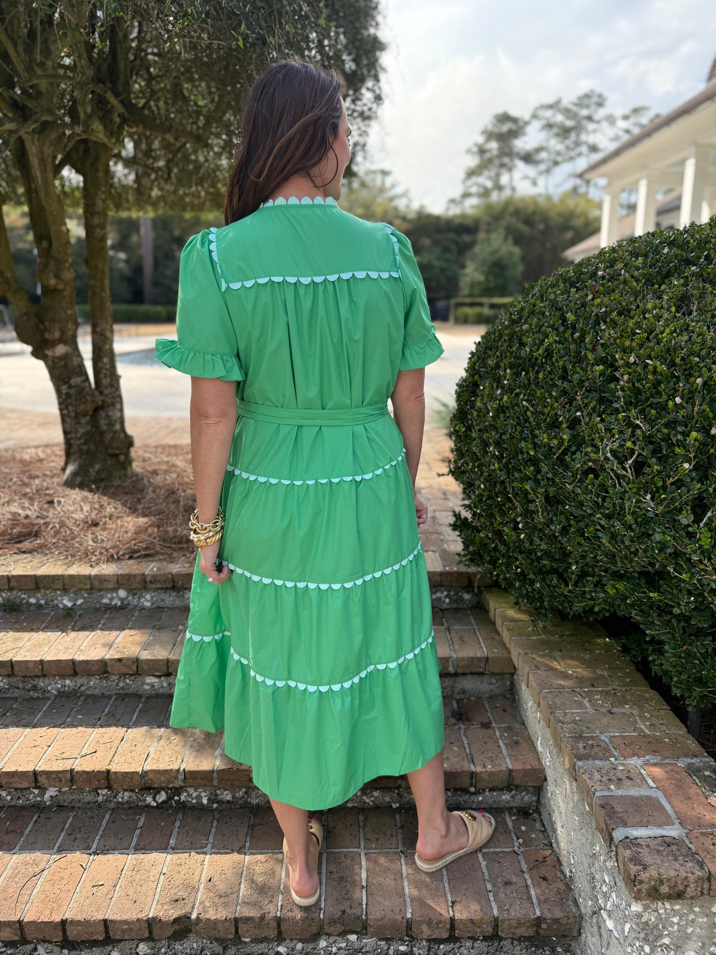 Wandered Off Green Scallop Midi Dress