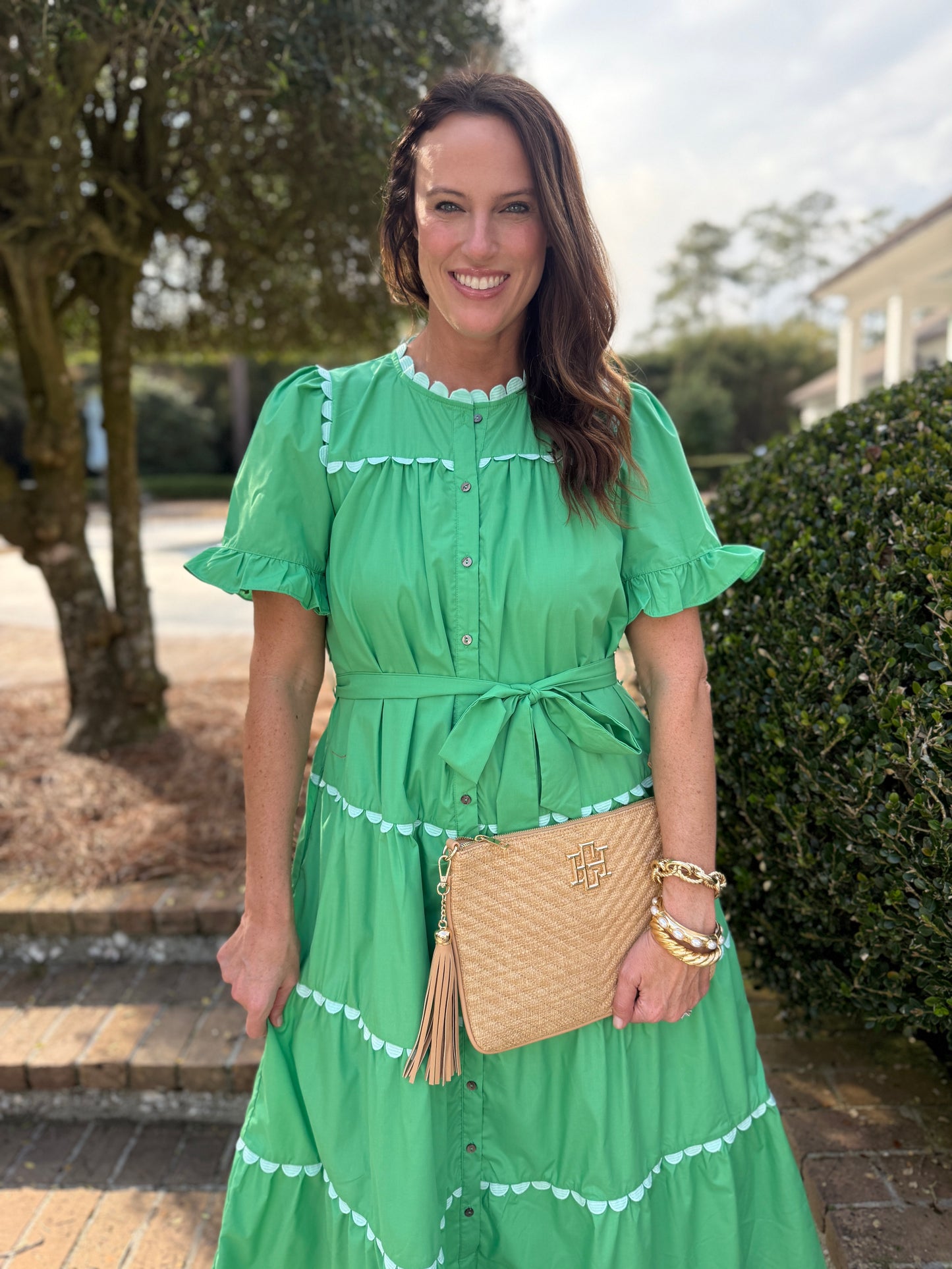 Wandered Off Green Scallop Midi Dress