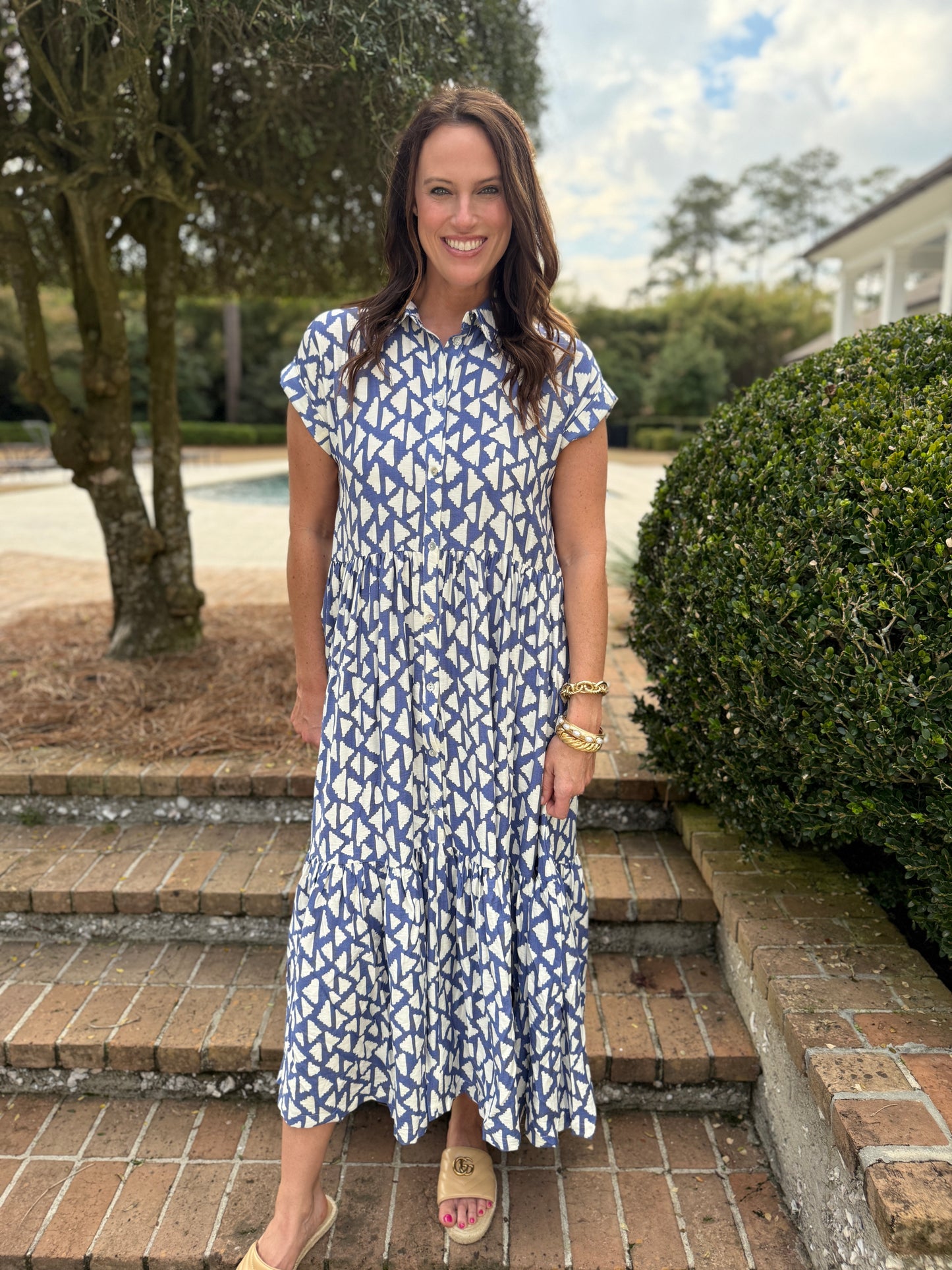 Blue & White Geometric Print Maxi Dress