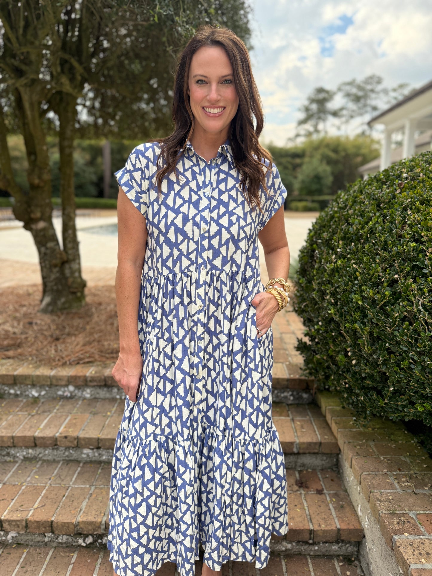 Blue & White Geometric Print Maxi Dress