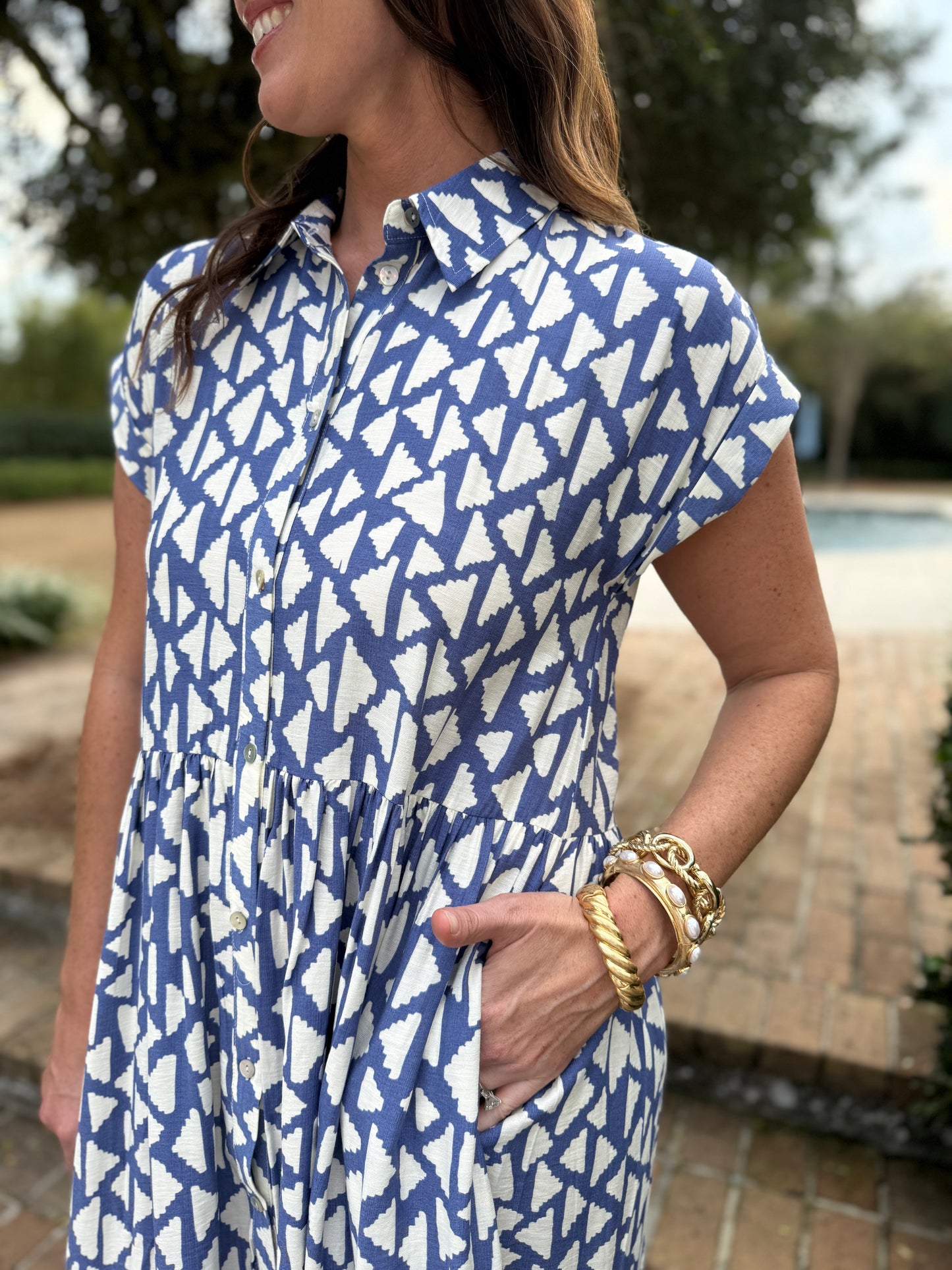 Blue & White Geometric Print Maxi Dress