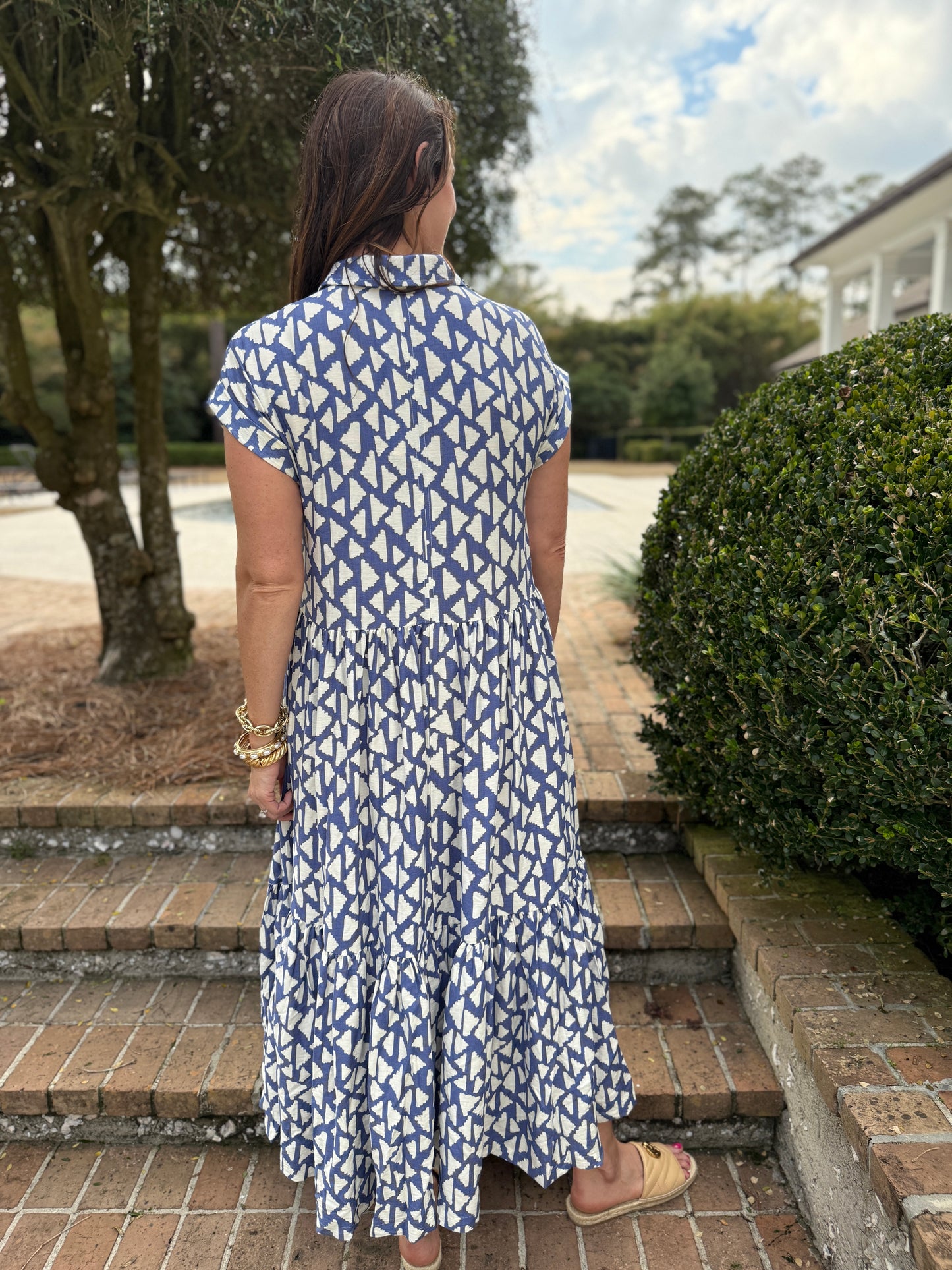 Blue & White Geometric Print Maxi Dress