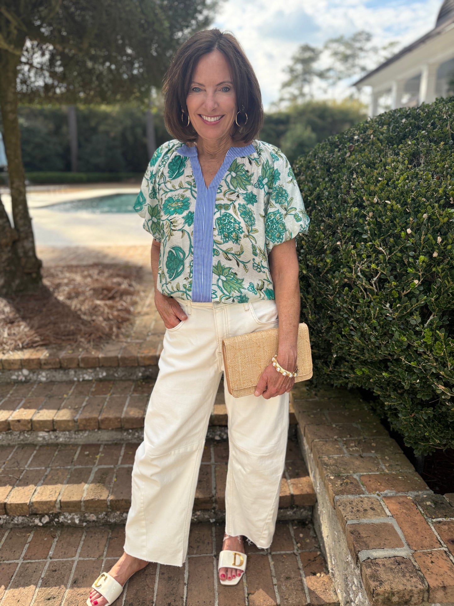 Fun Time Green Floral Print Short Sleeve Top