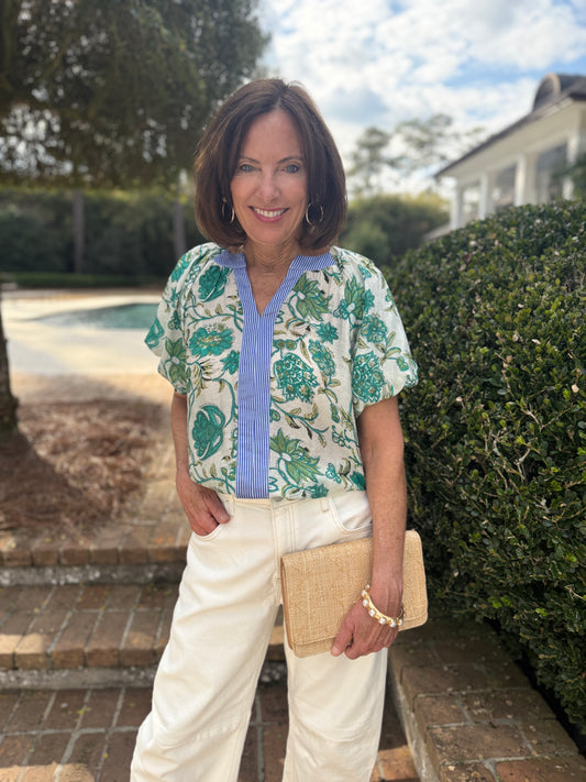 Fun Time Green Floral Print Short Sleeve Top