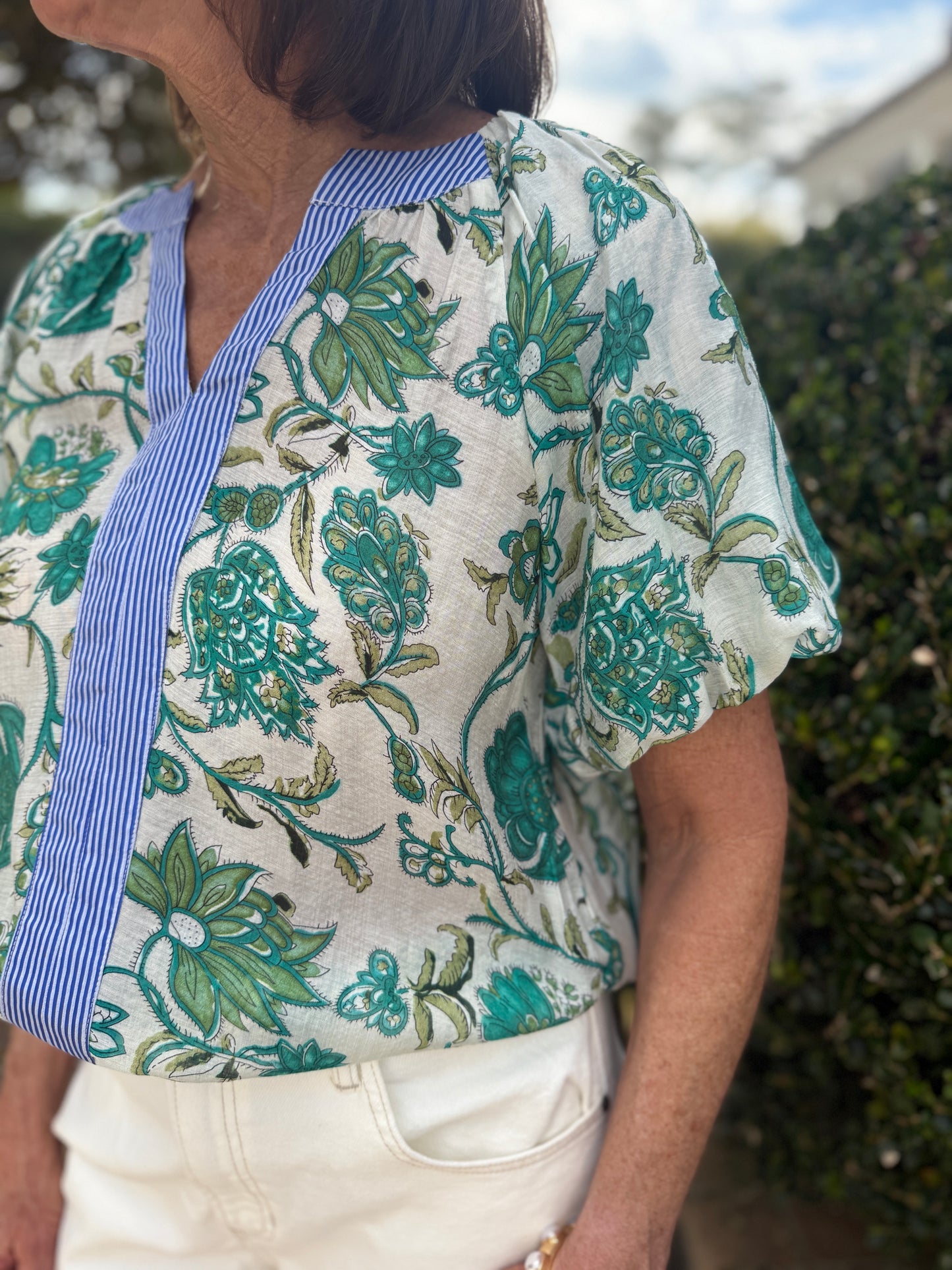 Fun Time Green Floral Print Short Sleeve Top