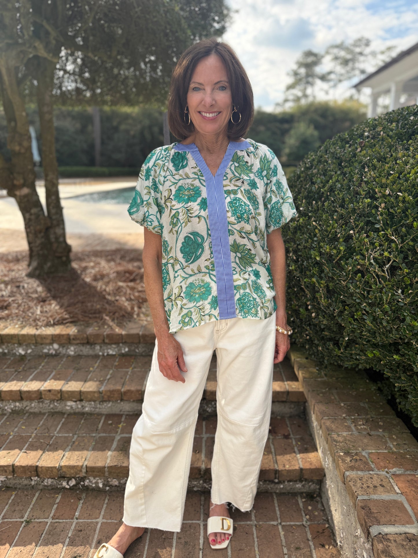 Fun Time Green Floral Print Short Sleeve Top