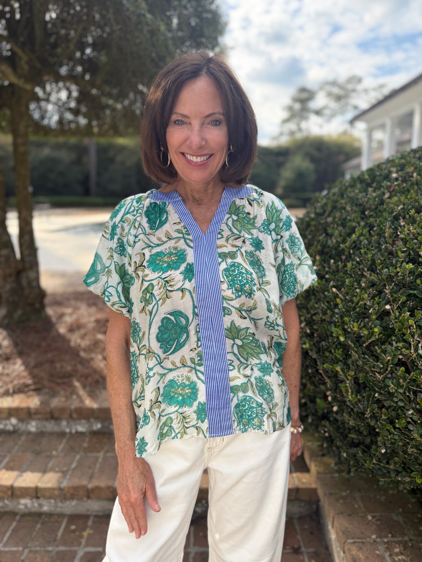 Fun Time Green Floral Print Short Sleeve Top