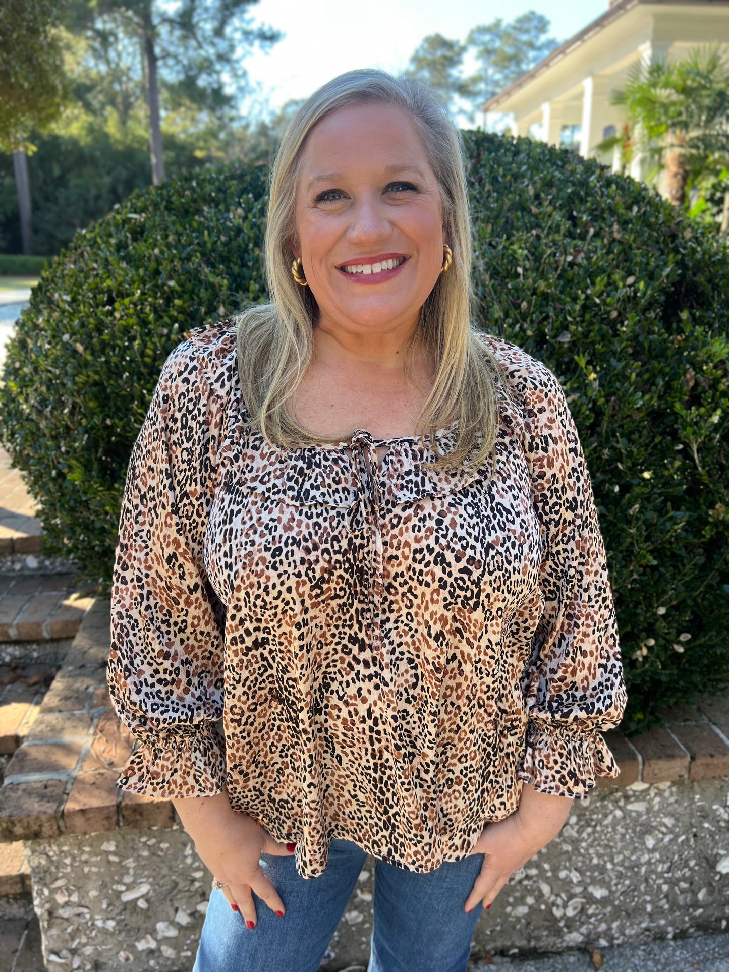 Delightful Day Leopard Print Ruffle Blouse