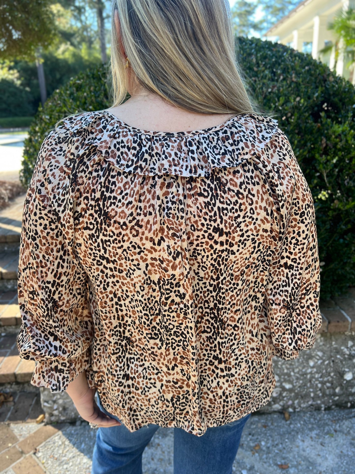 Delightful Day Leopard Print Ruffle Blouse