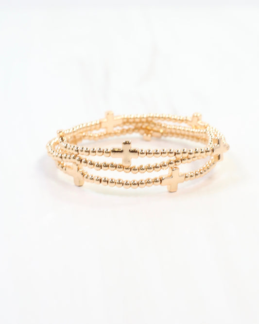 Kendall Beaded Cross Stretch Bracelet Set Gold