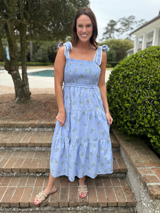 Shining Bright Blue Floral Print Midi Dress