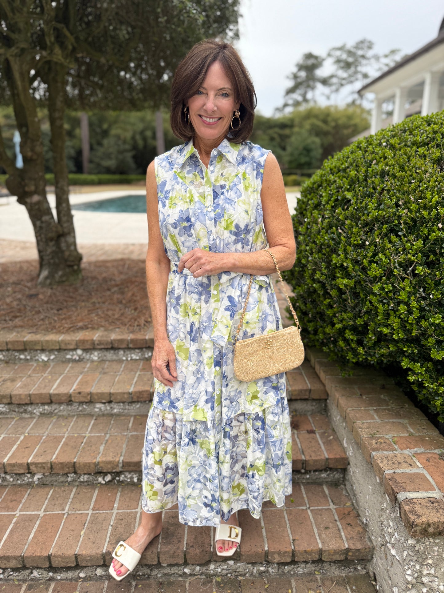 Without Air Blue/Green Floral Print Midi Shirt Dress