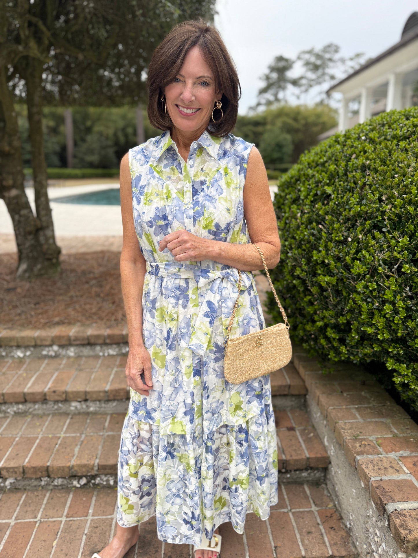 Without Air Blue/Green Floral Print Midi Shirt Dress