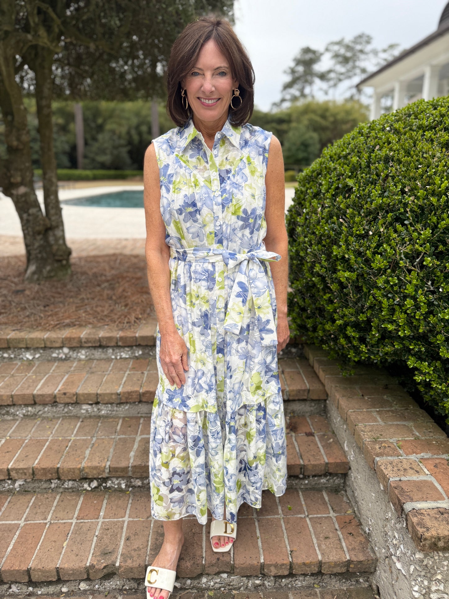 Without Air Blue/Green Floral Print Midi Shirt Dress