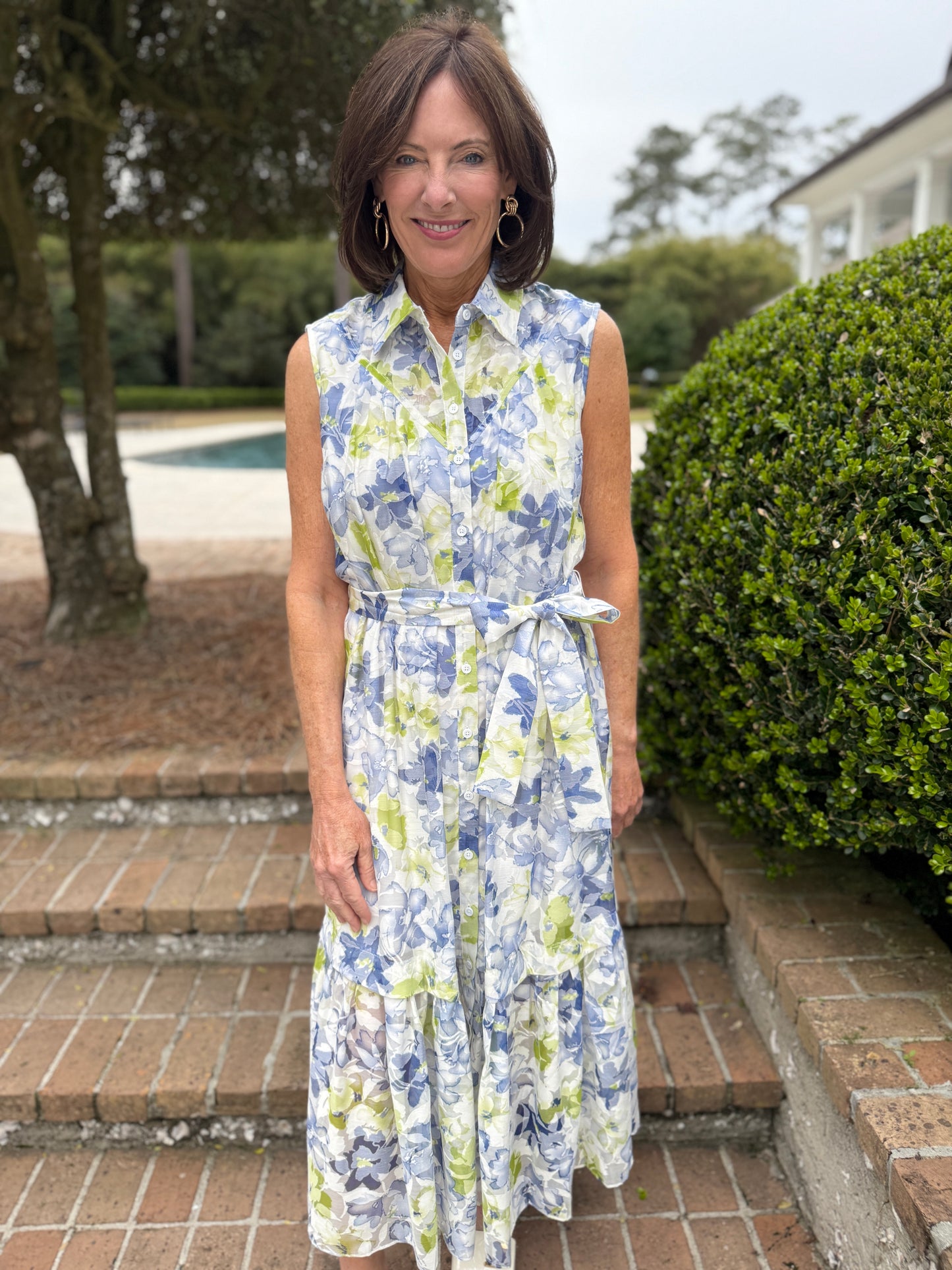 Without Air Blue/Green Floral Print Midi Shirt Dress