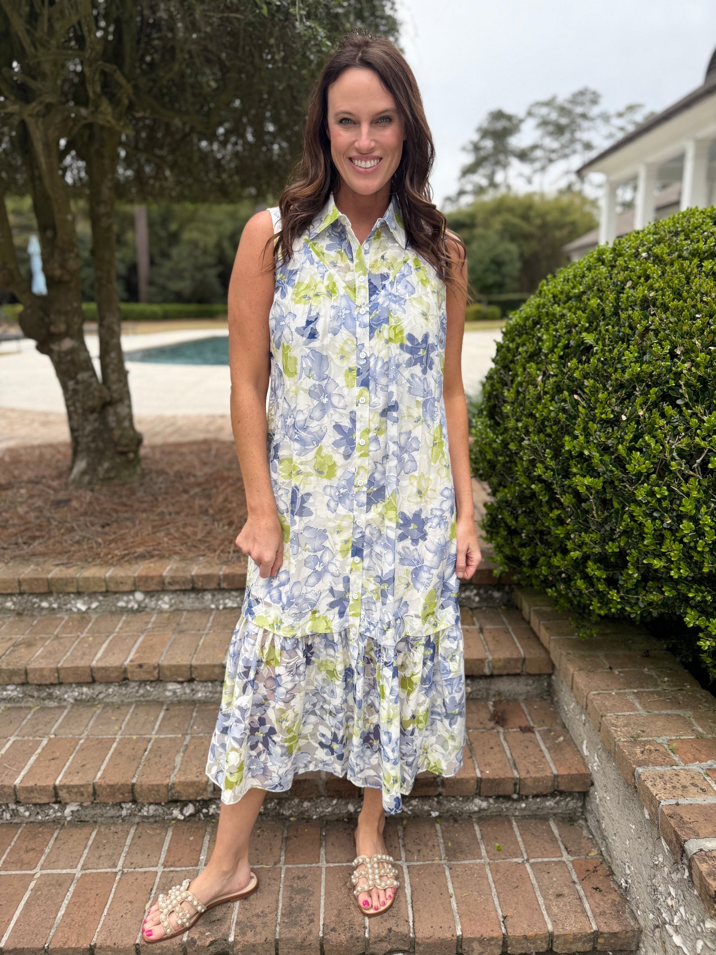 Without Air Blue/Green Floral Print Midi Shirt Dress