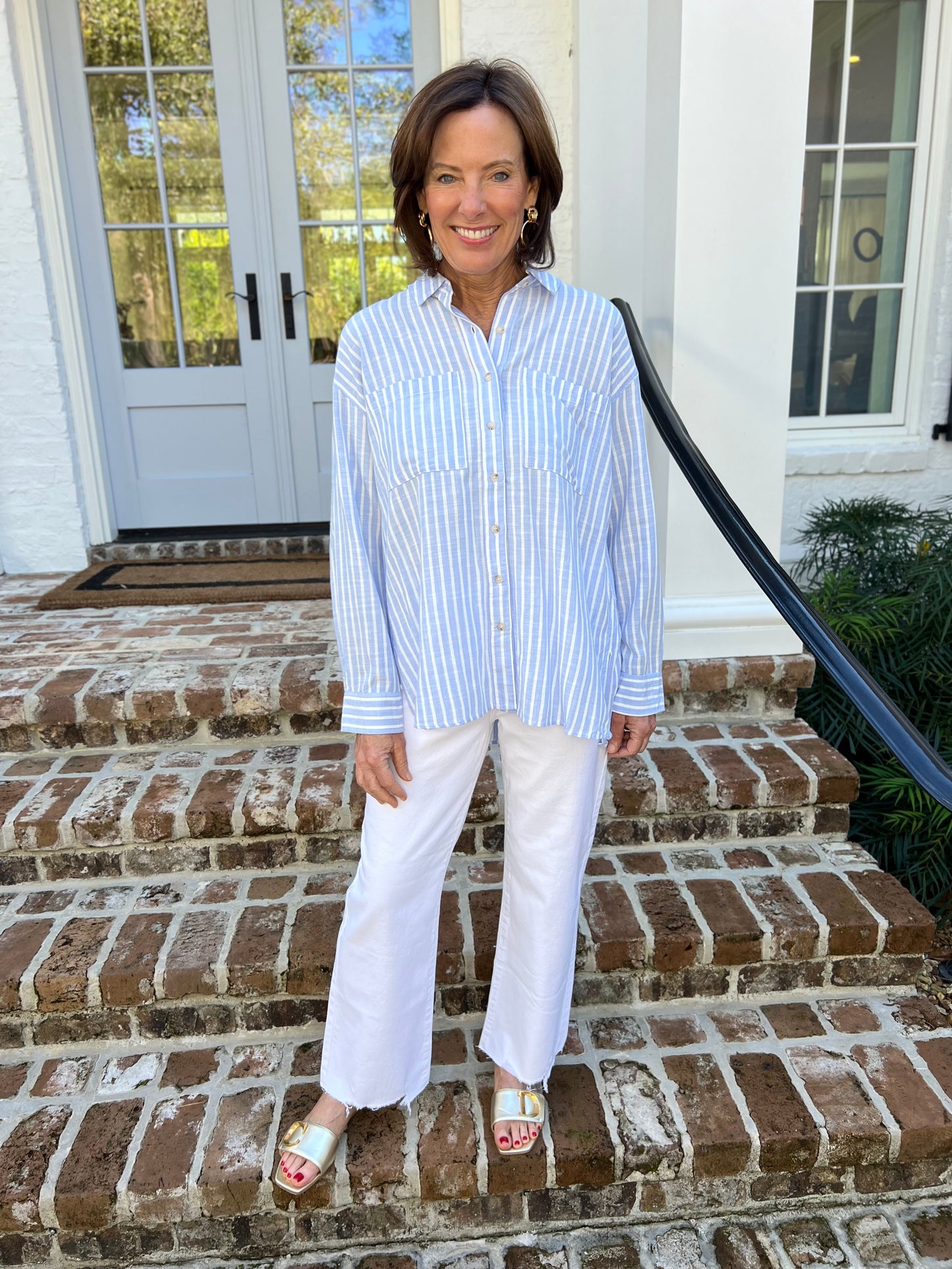 Cool Down Chambray Stripe Button Down Top