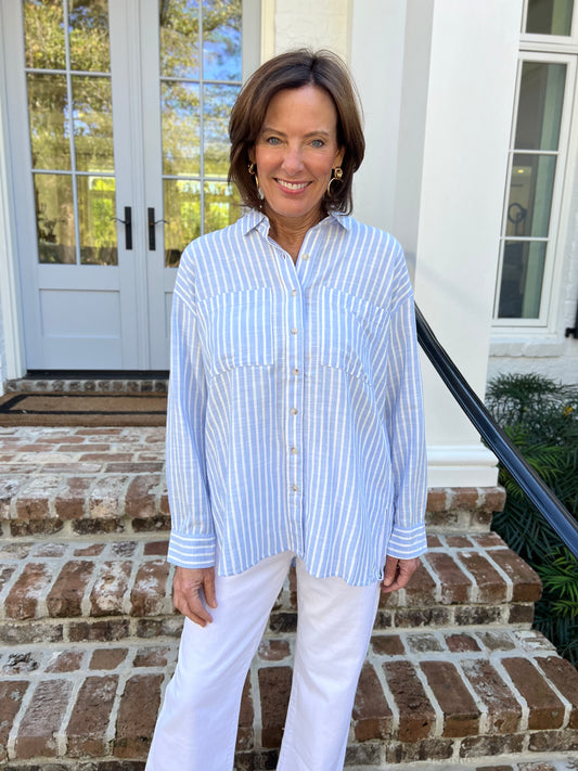 Cool Down Chambray Stripe Button Down Top