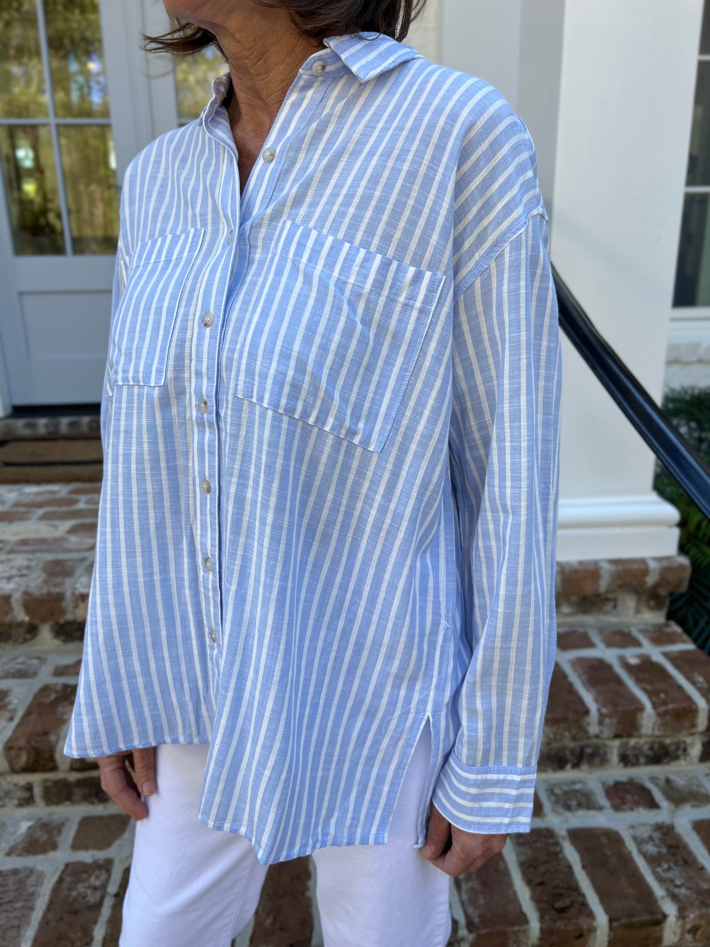 Cool Down Chambray Stripe Button Down Top