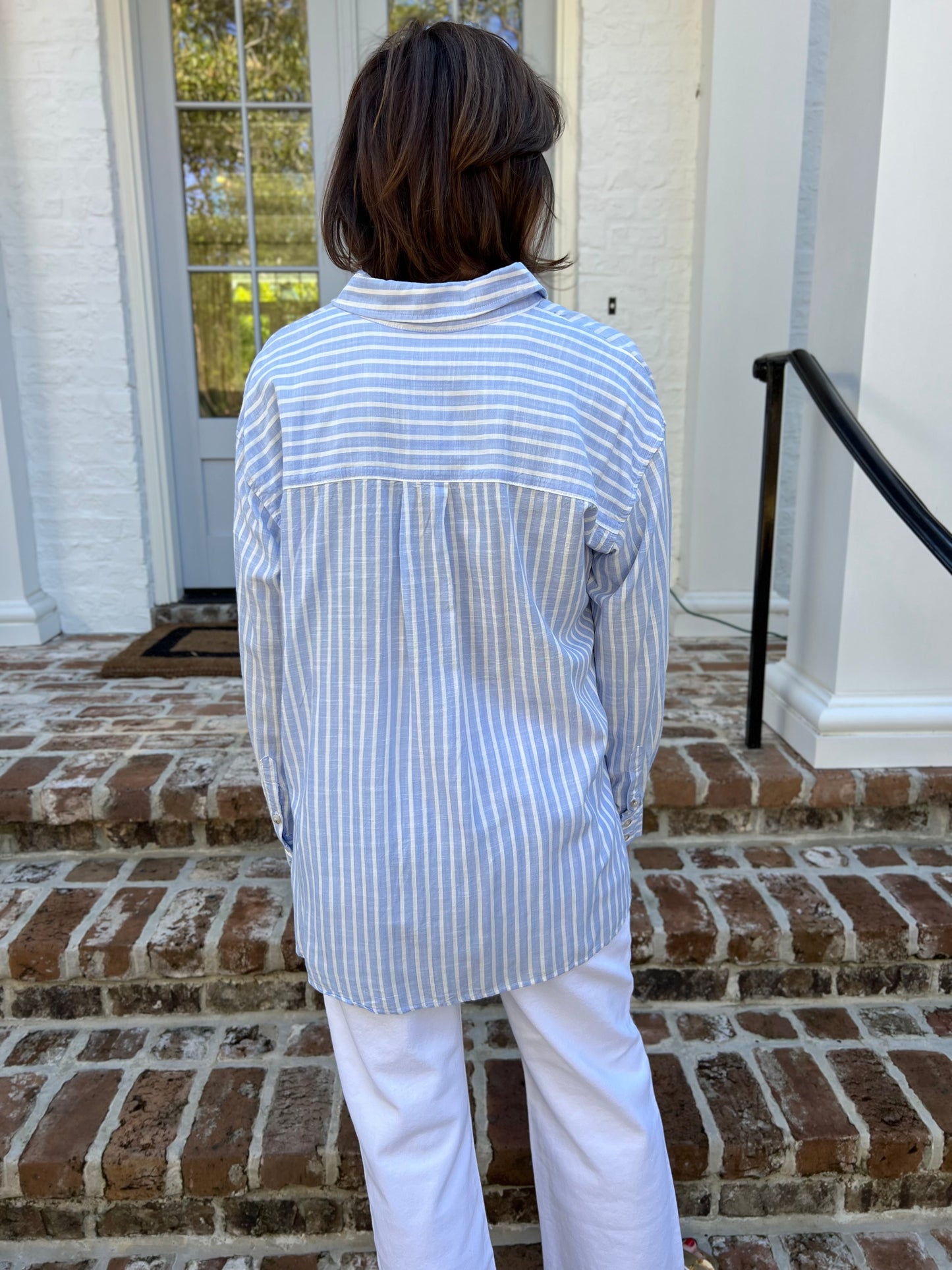 Cool Down Chambray Stripe Button Down Top