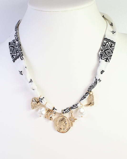 Amy Scarf Charm Necklace White Black
