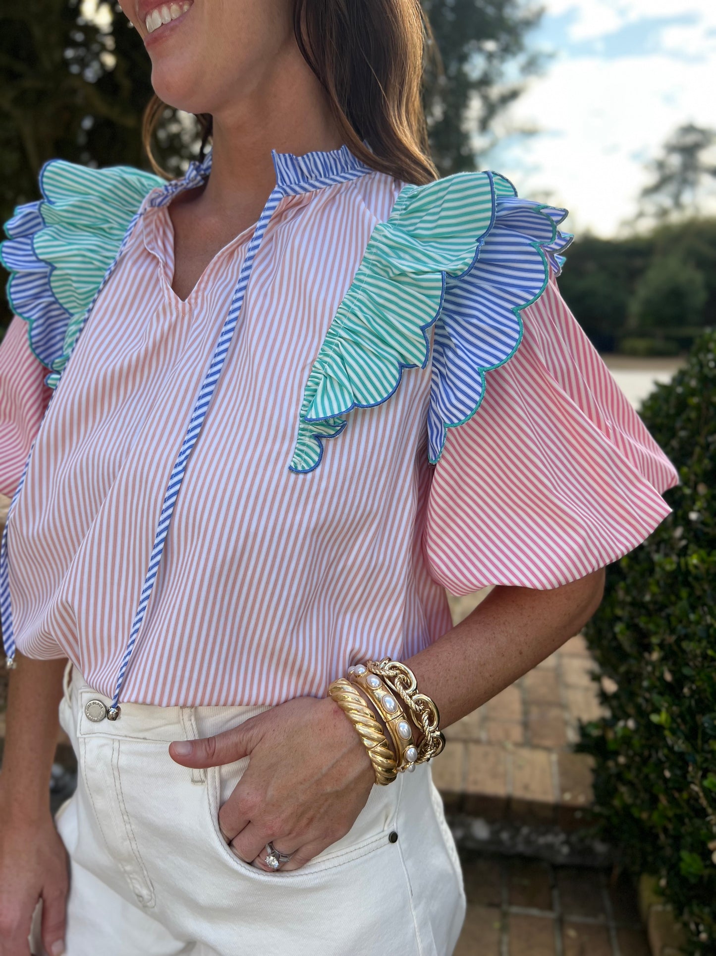 Miriam Orange Striped Color Block Short Sleeve Top