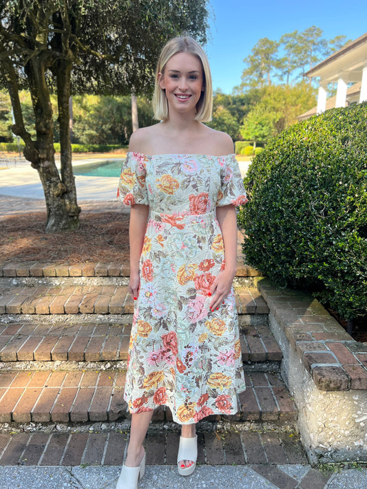 Trinity Floral Print Off The Shoulder Midi Dress