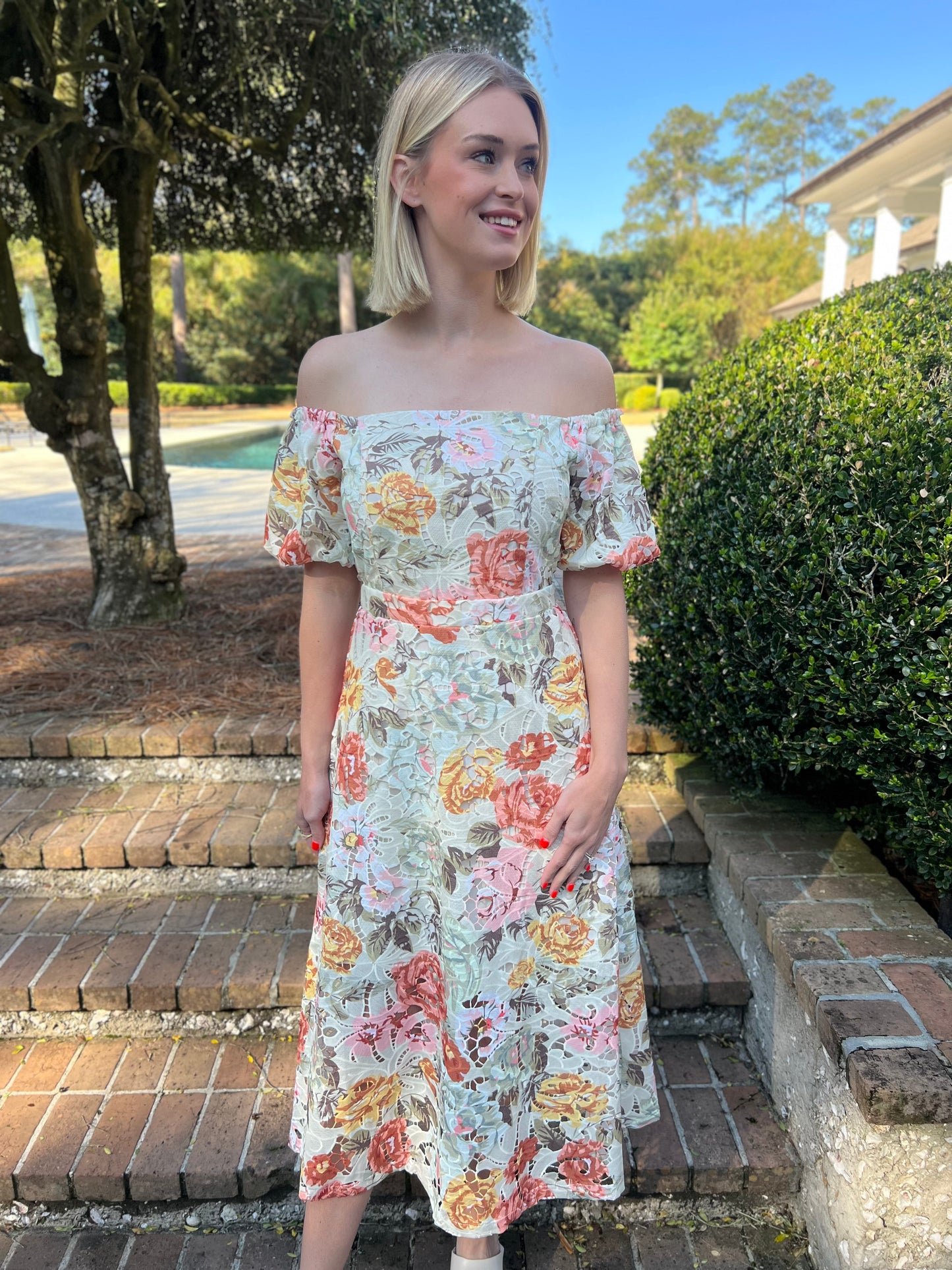 Trinity Floral Print Off The Shoulder Midi Dress