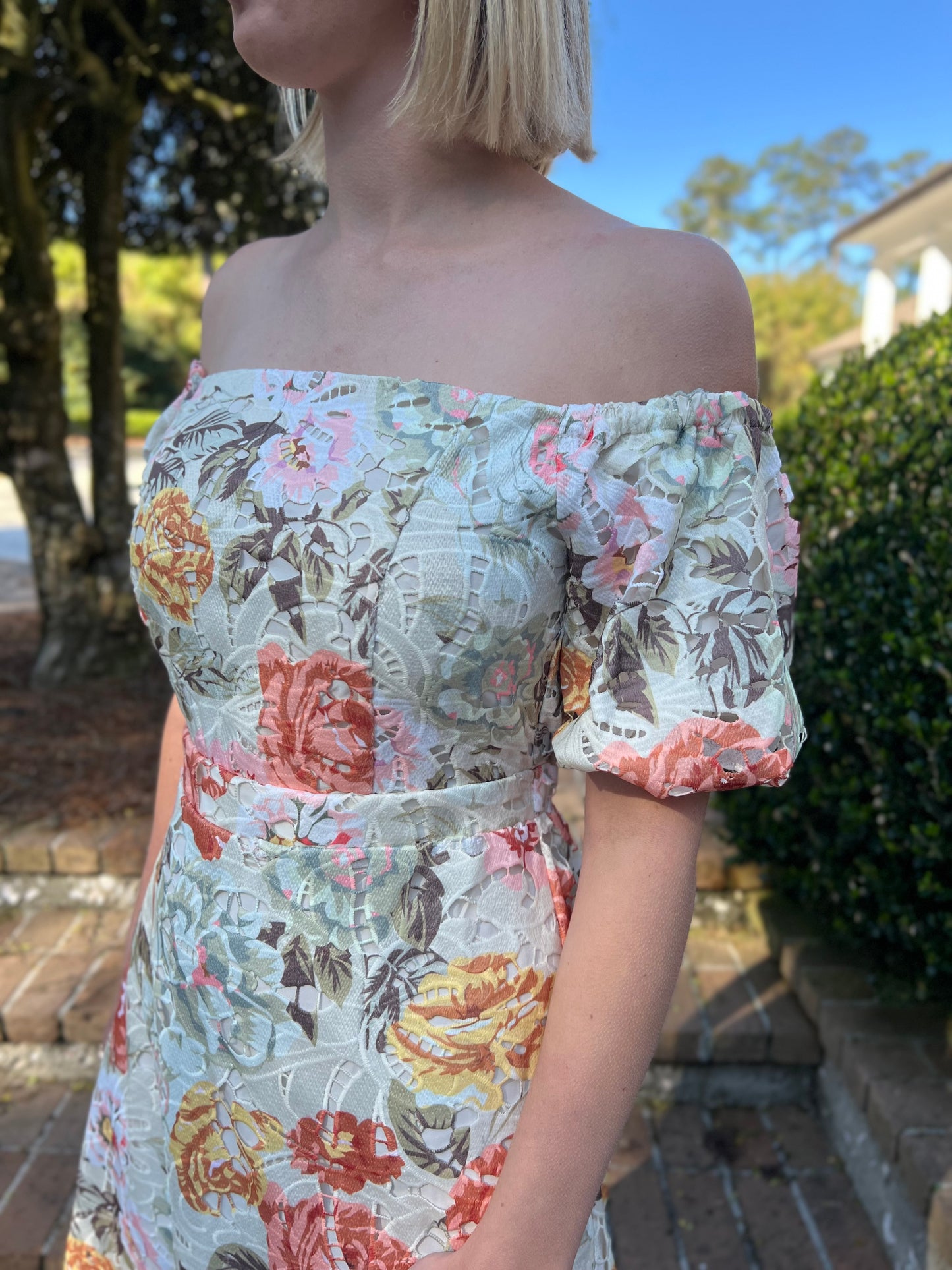 Trinity Floral Print Off The Shoulder Midi Dress