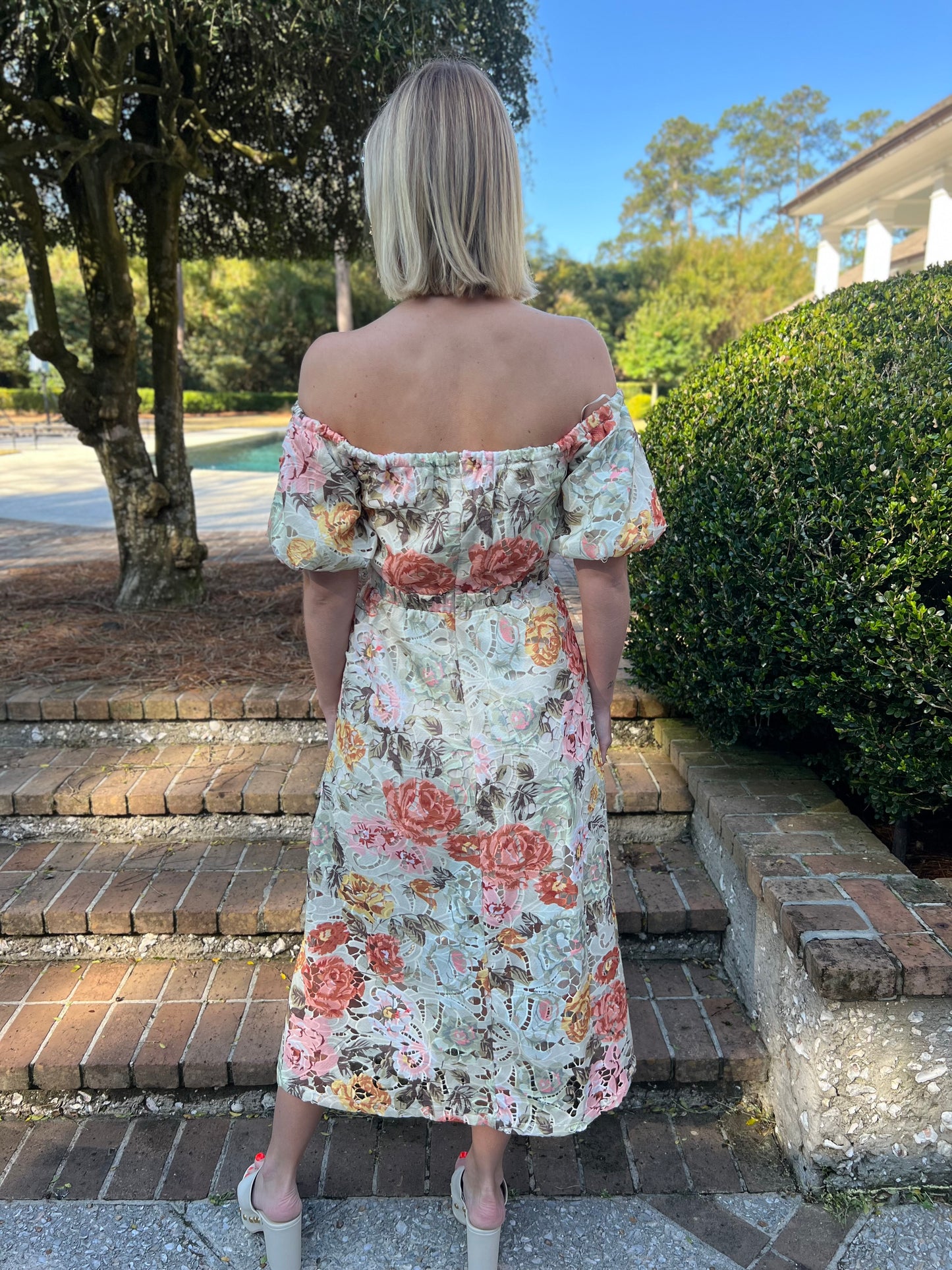 Trinity Floral Print Off The Shoulder Midi Dress