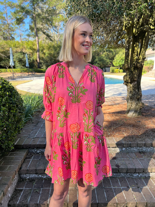 Graced In Floral Pink Puff Sleeve Dress