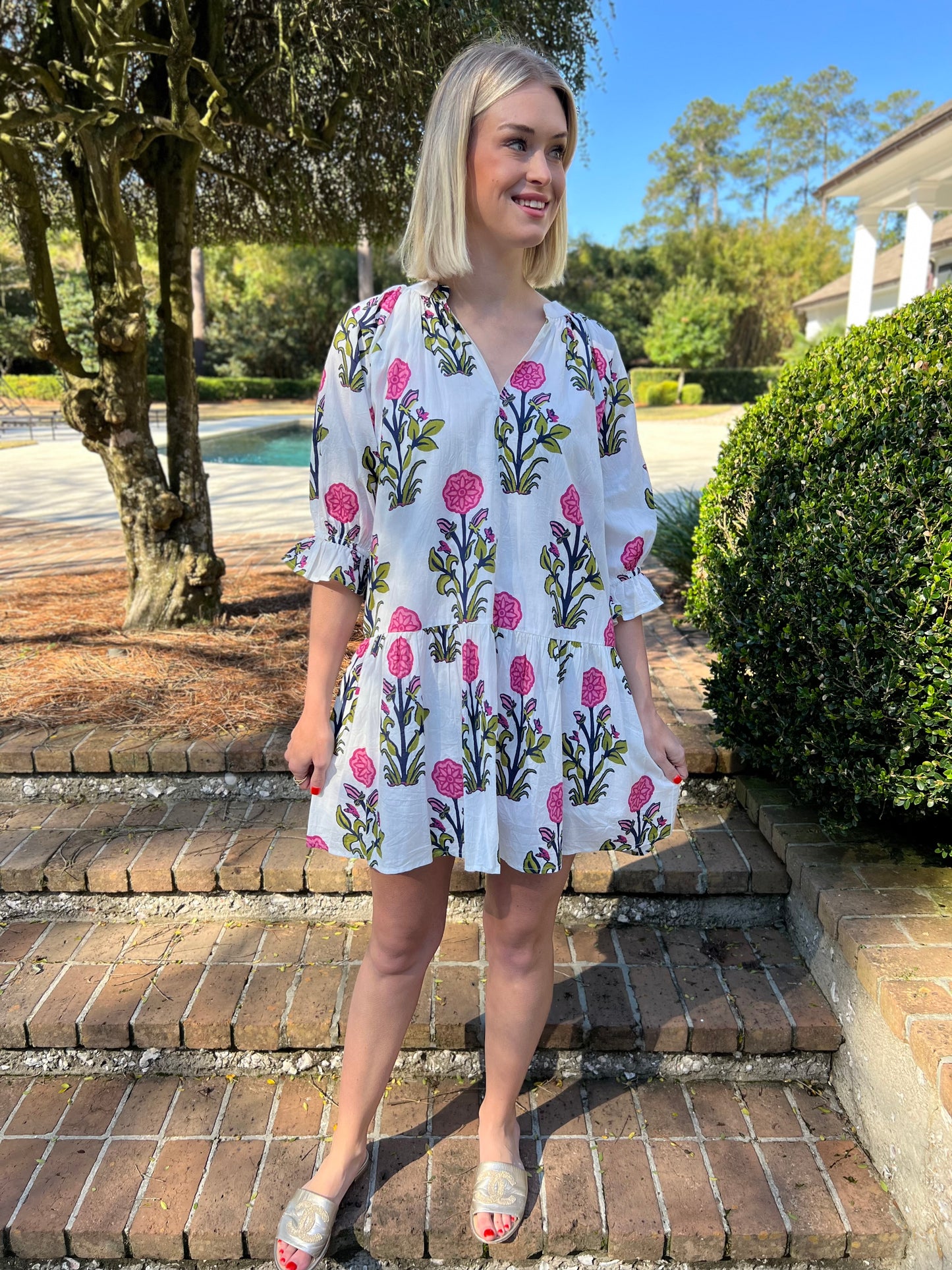 Graced In Floral White Puff Sleeve Dress