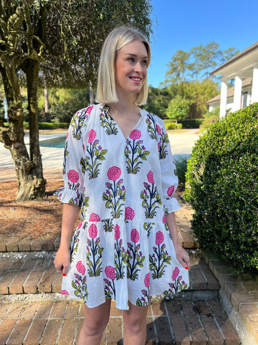 Graced In Floral White Puff Sleeve Dress